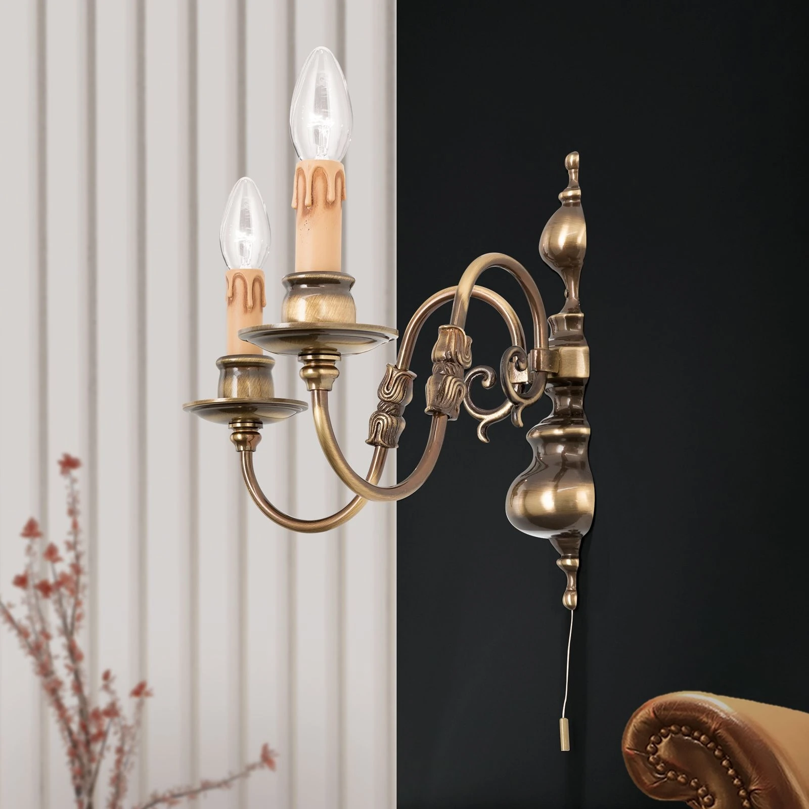 Zidna lampa FLÄMISCH, 2 izvora svetla, antik mesing - 7