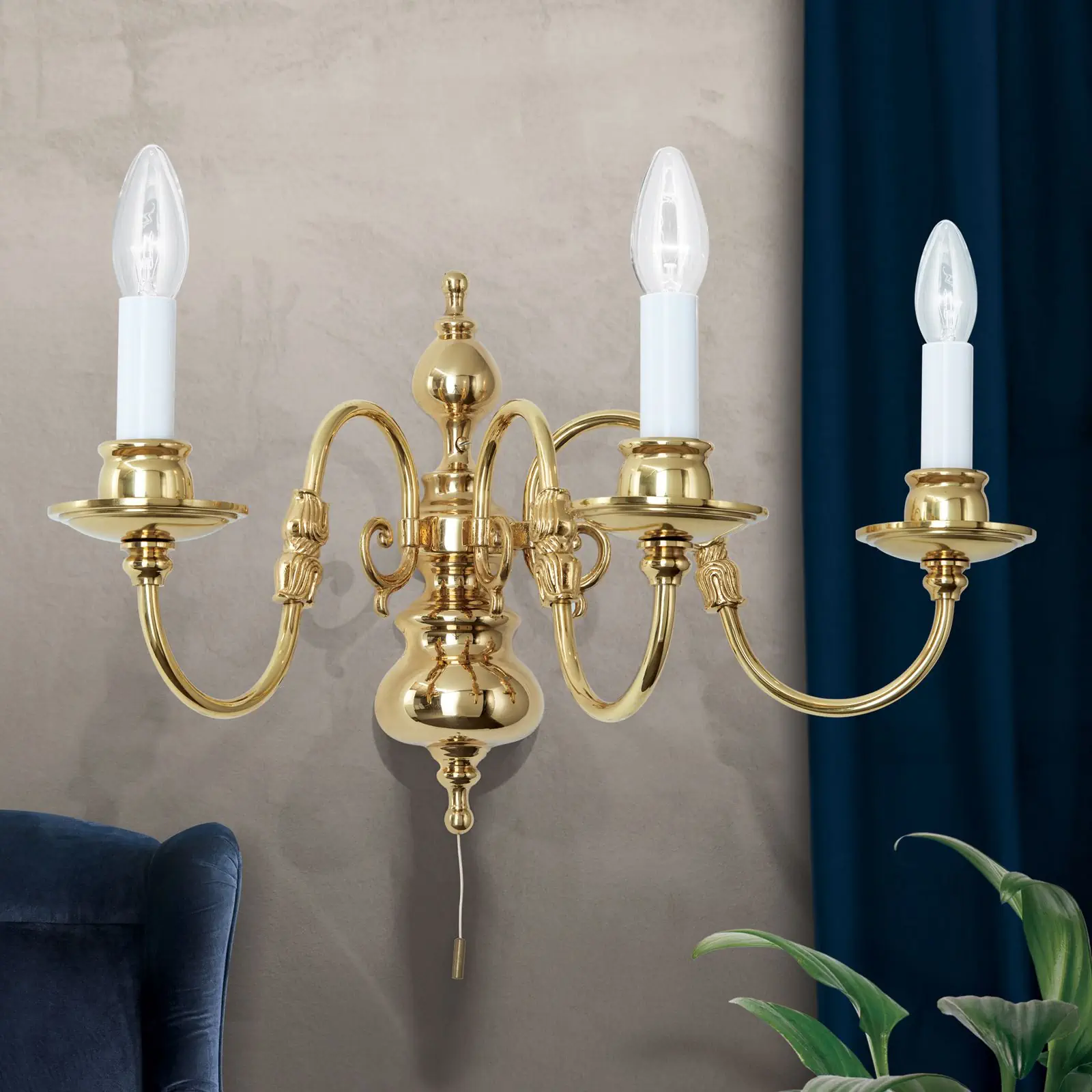 Zidna lampa sa krakom FLÄMISCH, sa tri izvora svetla, sjajni mesing - 1