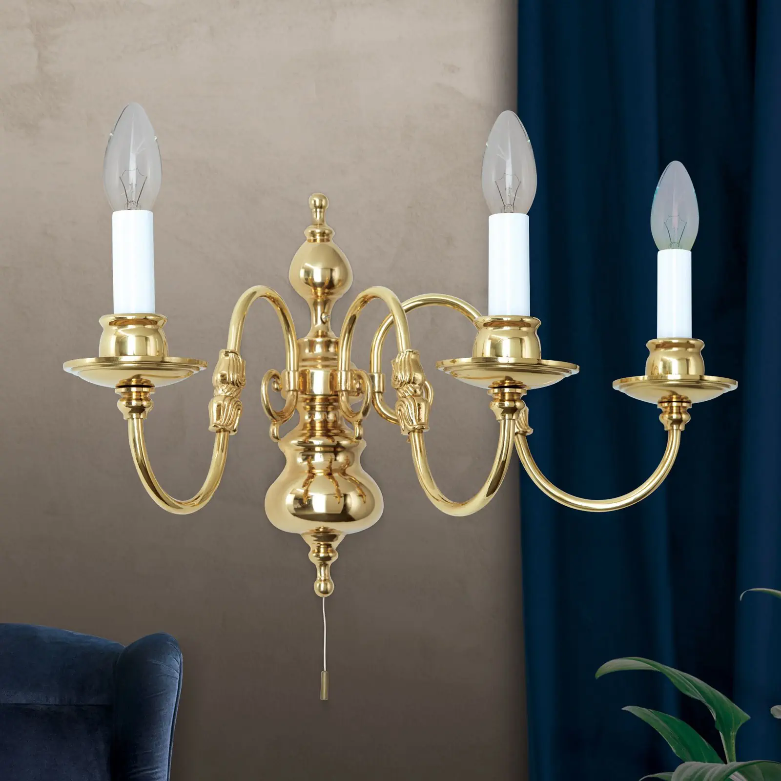 Zidna lampa sa krakom FLÄMISCH, sa tri izvora svetla, sjajni mesing - 2