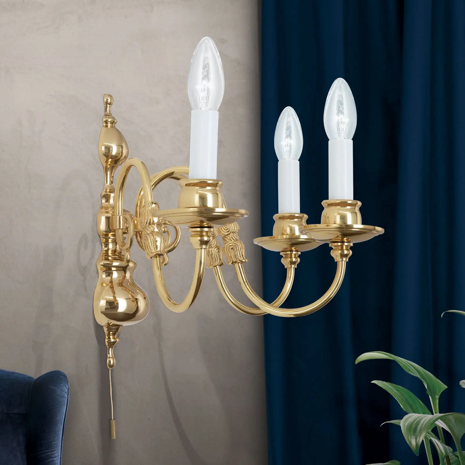 Zidna lampa sa krakom FLÄMISCH, sa tri izvora svetla, sjajni mesing - 7