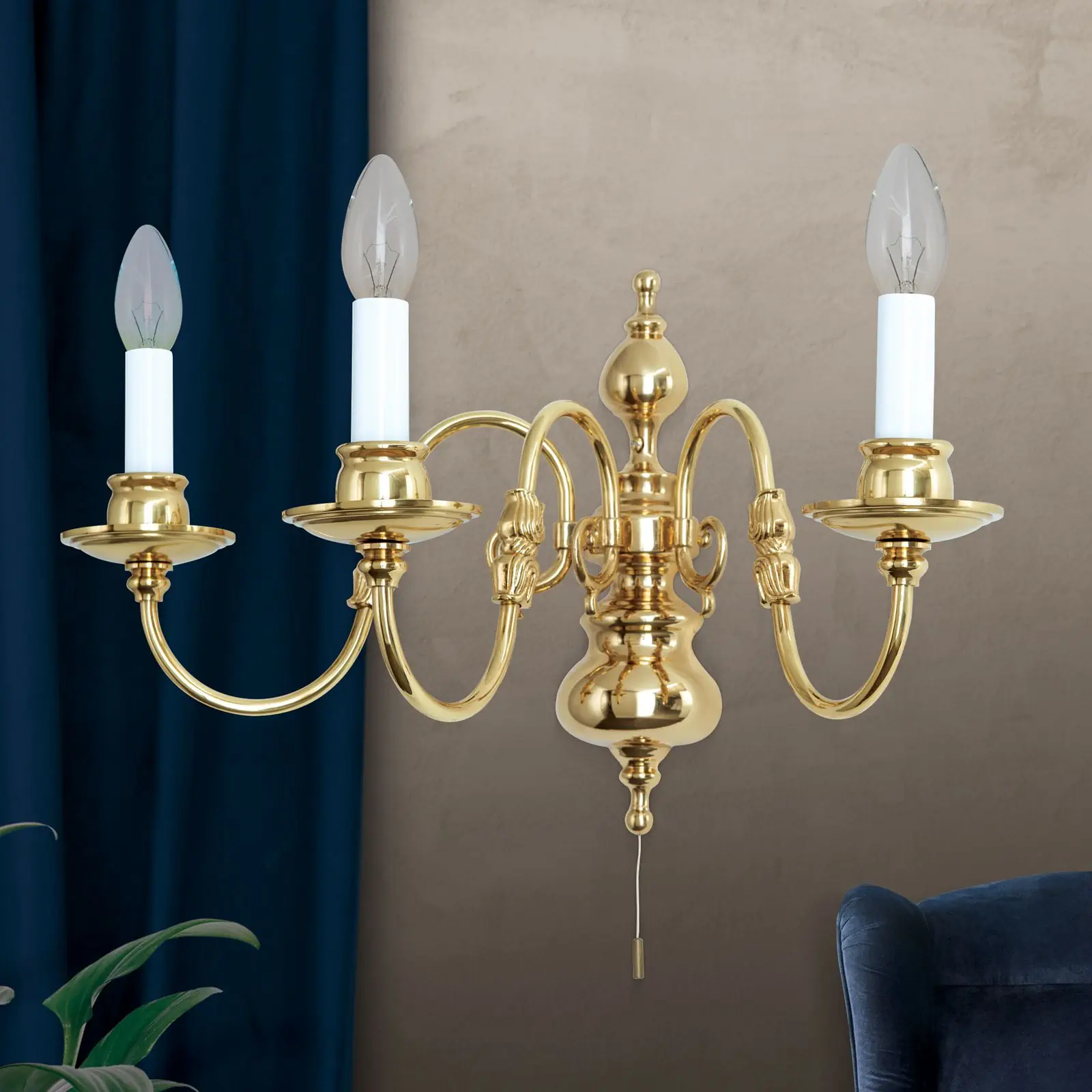 Zidna lampa sa krakom FLÄMISCH, sa tri izvora svetla, sjajni mesing - 8