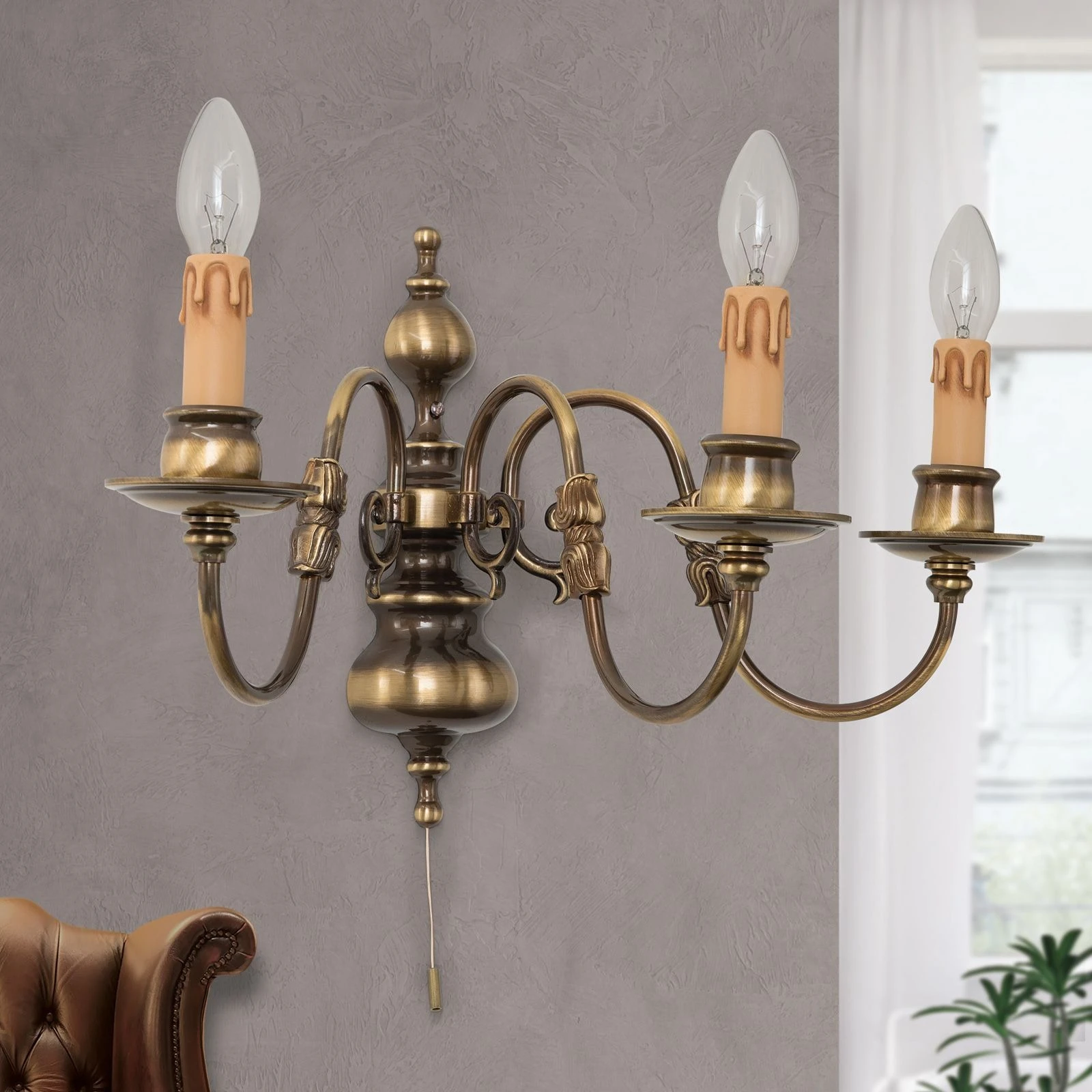 Zidna lampa FLÄMISCH, 3 izvora svetla, antik mesing - 2