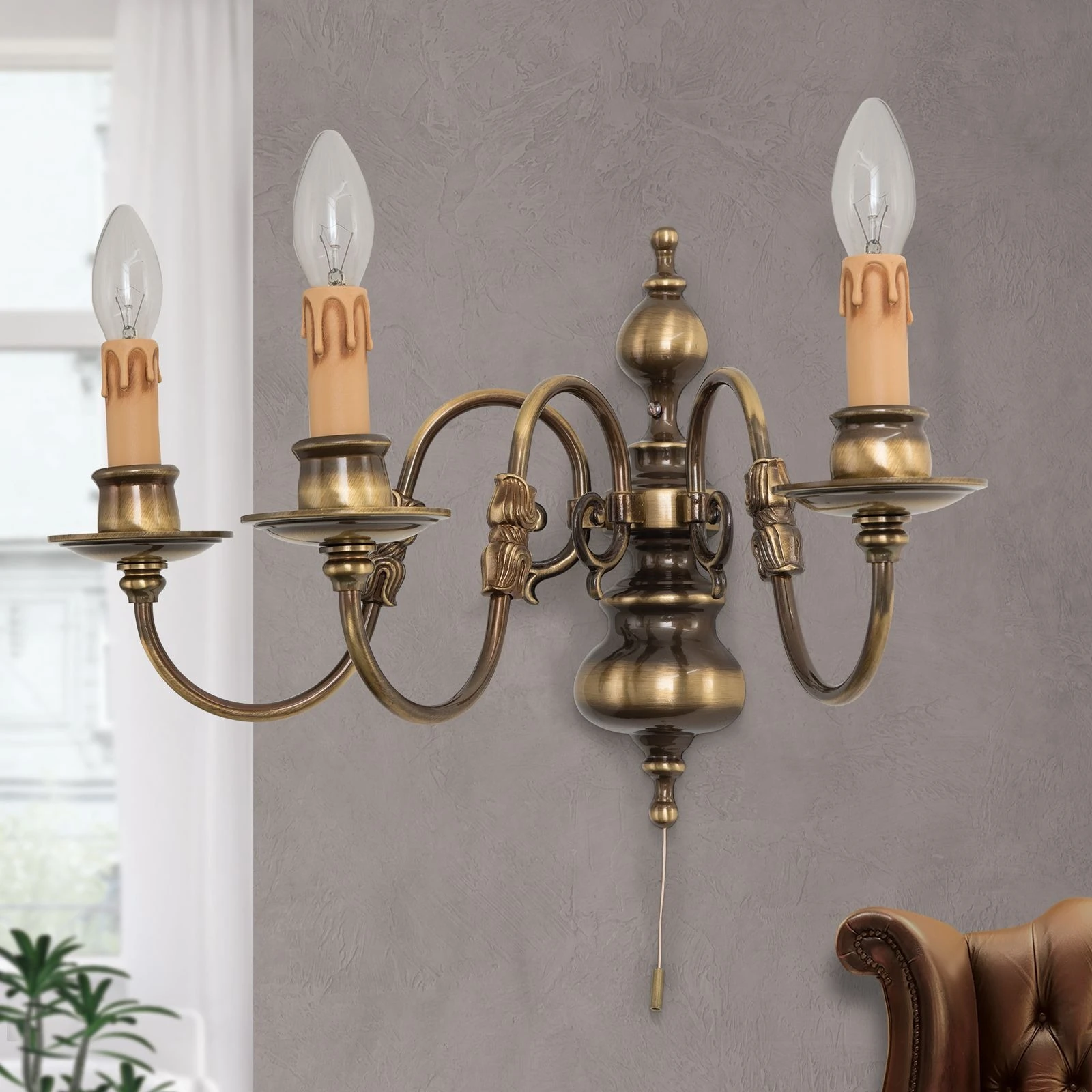 Zidna lampa FLÄMISCH, 3 izvora svetla, antik mesing - 7