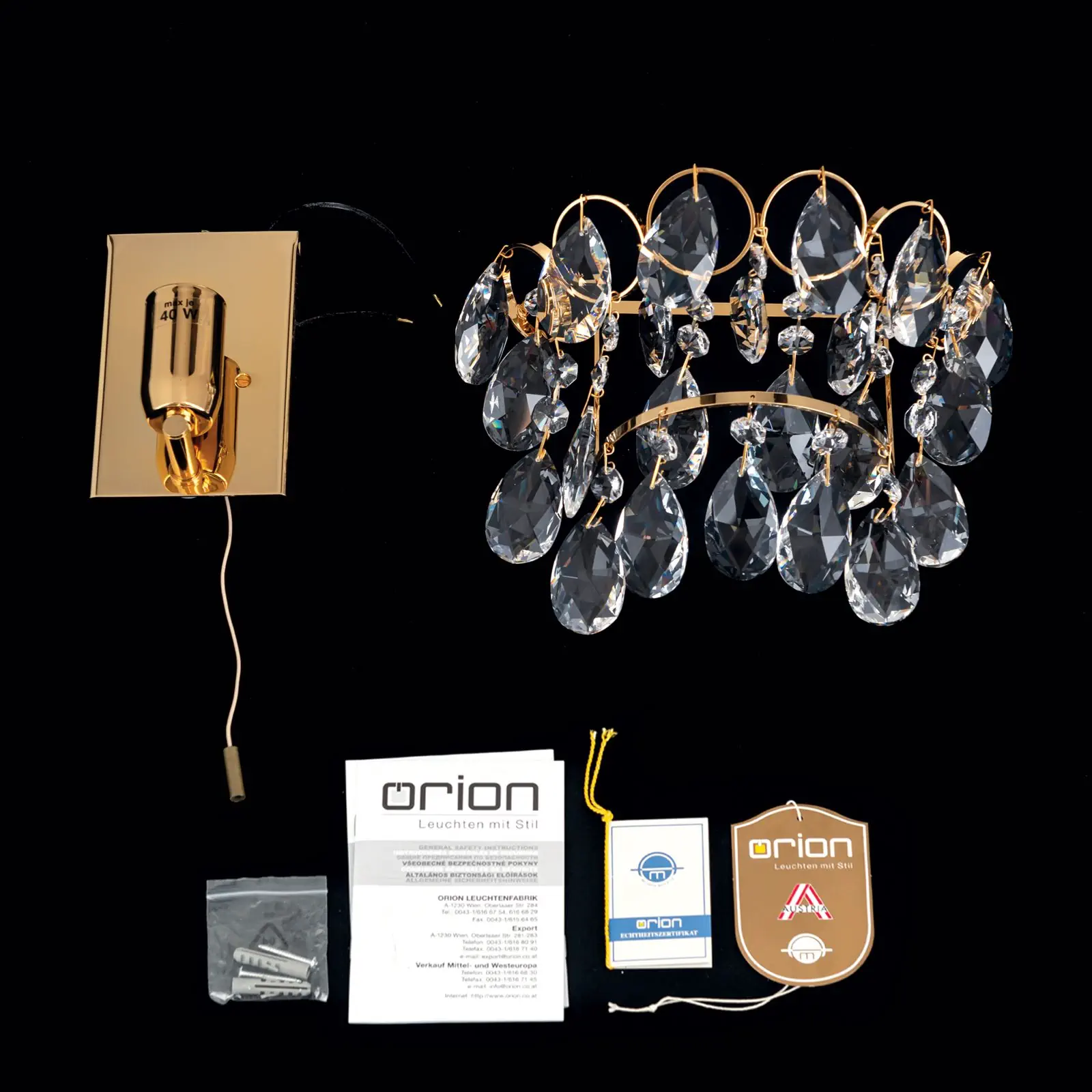 Zidna lampa KRISTALL KLASSISCH, sa jednim izvorom svetla, pozlaćena, sa prekidačem na povlačenje - 8