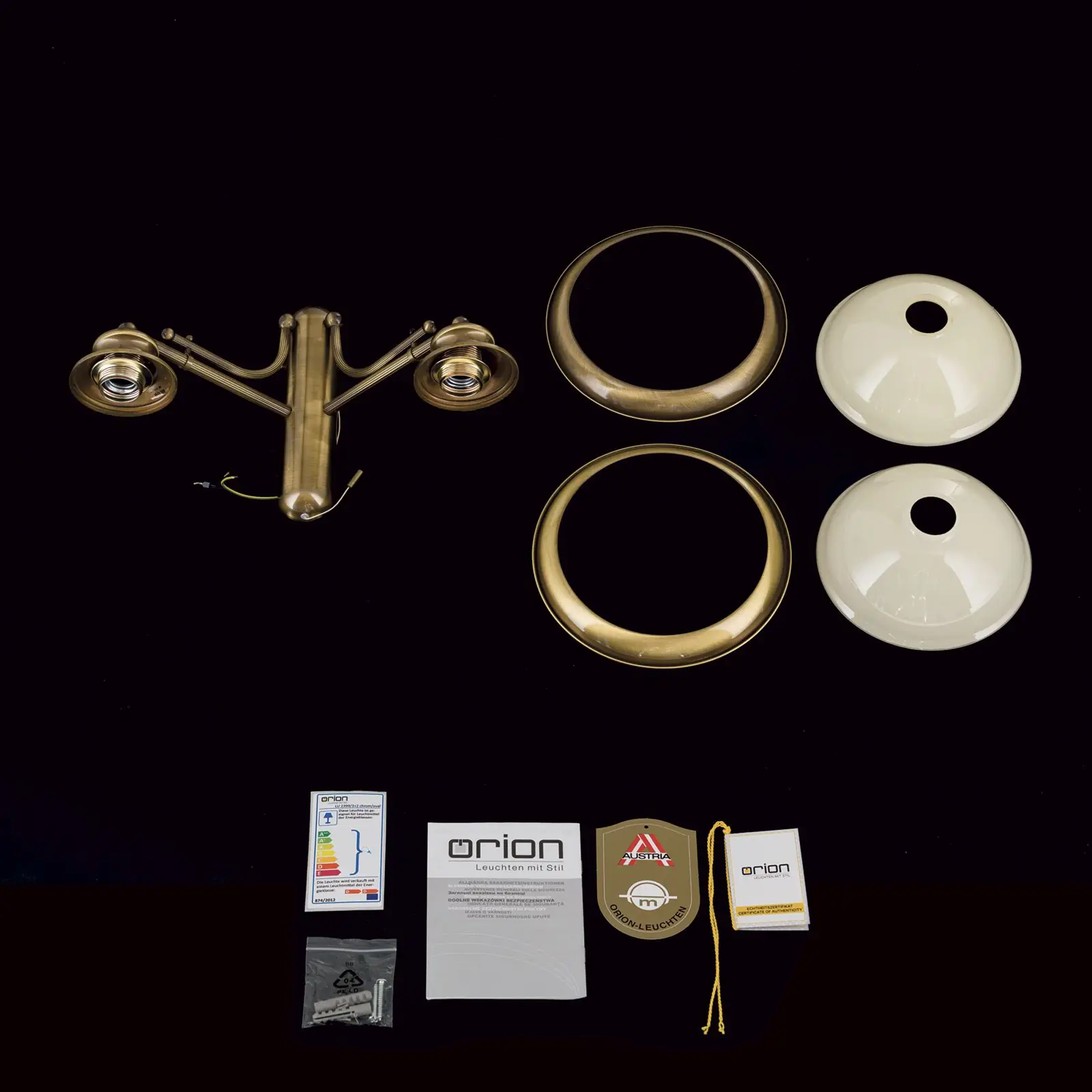 Zidna lampa AUSTRIAN OLD LAMP, antik mesing završna obrada, sa 2 abažura od šampanj stakla - 8