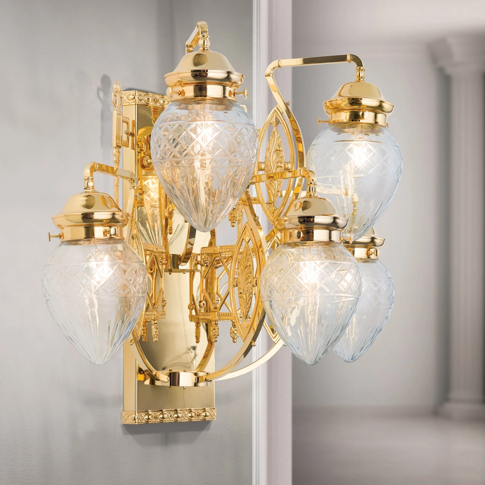 Zidna lampa BUDAPEST, 5 izvora svetla, 24-karatno pozlaćena, sa prozirnim sečenim staklima - 1