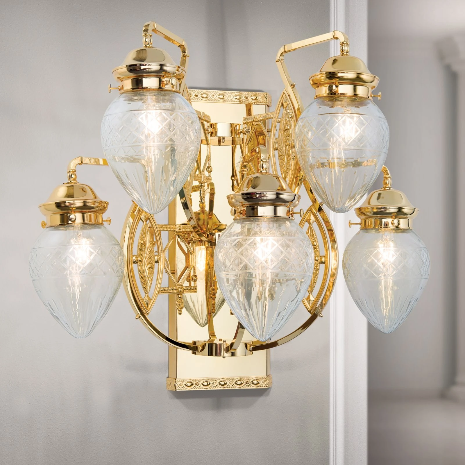 Zidna lampa BUDAPEST, 5 izvora svetla, 24-karatno pozlaćena, sa prozirnim sečenim staklima - 2