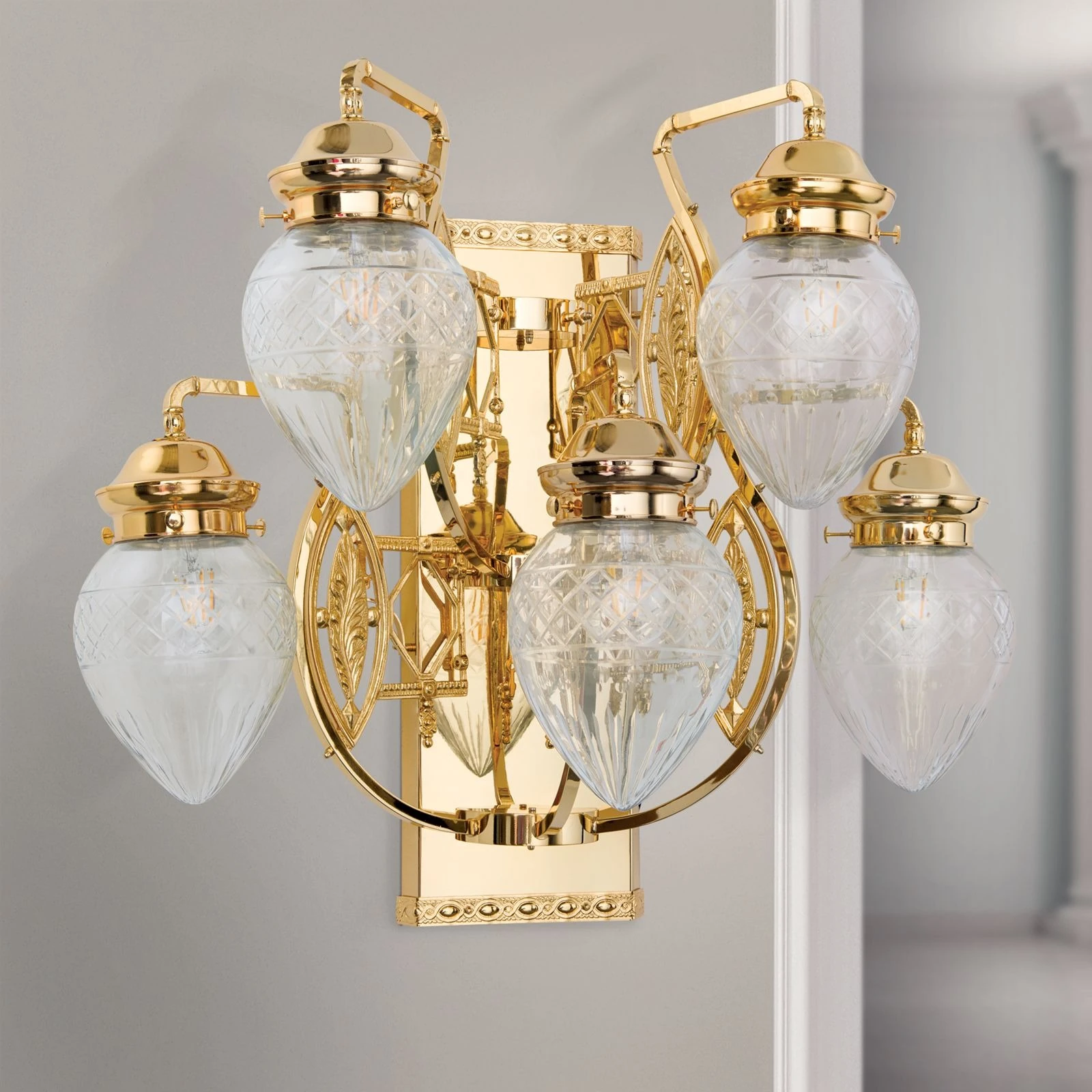 Zidna lampa BUDAPEST, 5 izvora svetla, 24-karatno pozlaćena, sa prozirnim sečenim staklima - 3