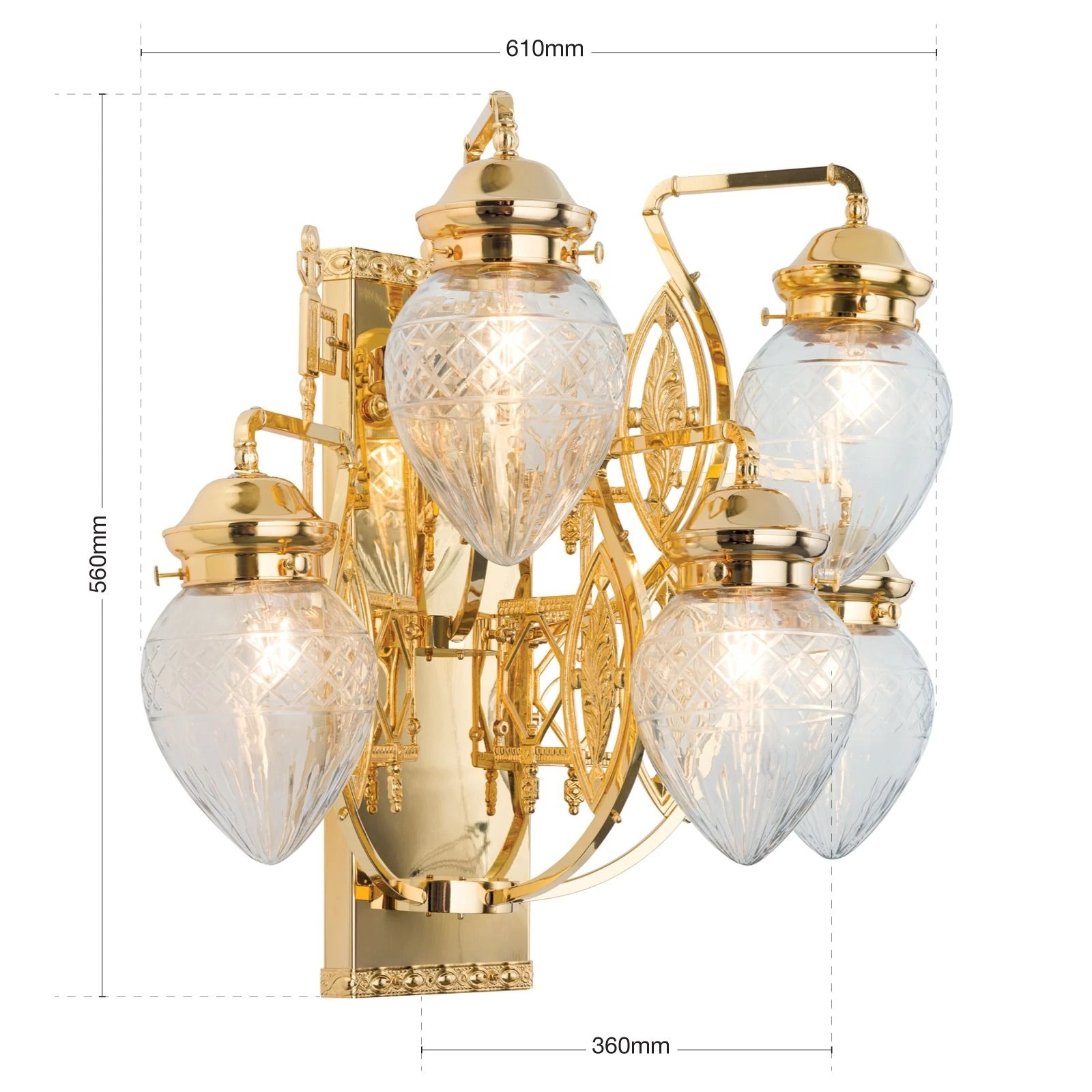 Zidna lampa BUDAPEST, 5 izvora svetla, 24-karatno pozlaćena, sa prozirnim sečenim staklima - 7