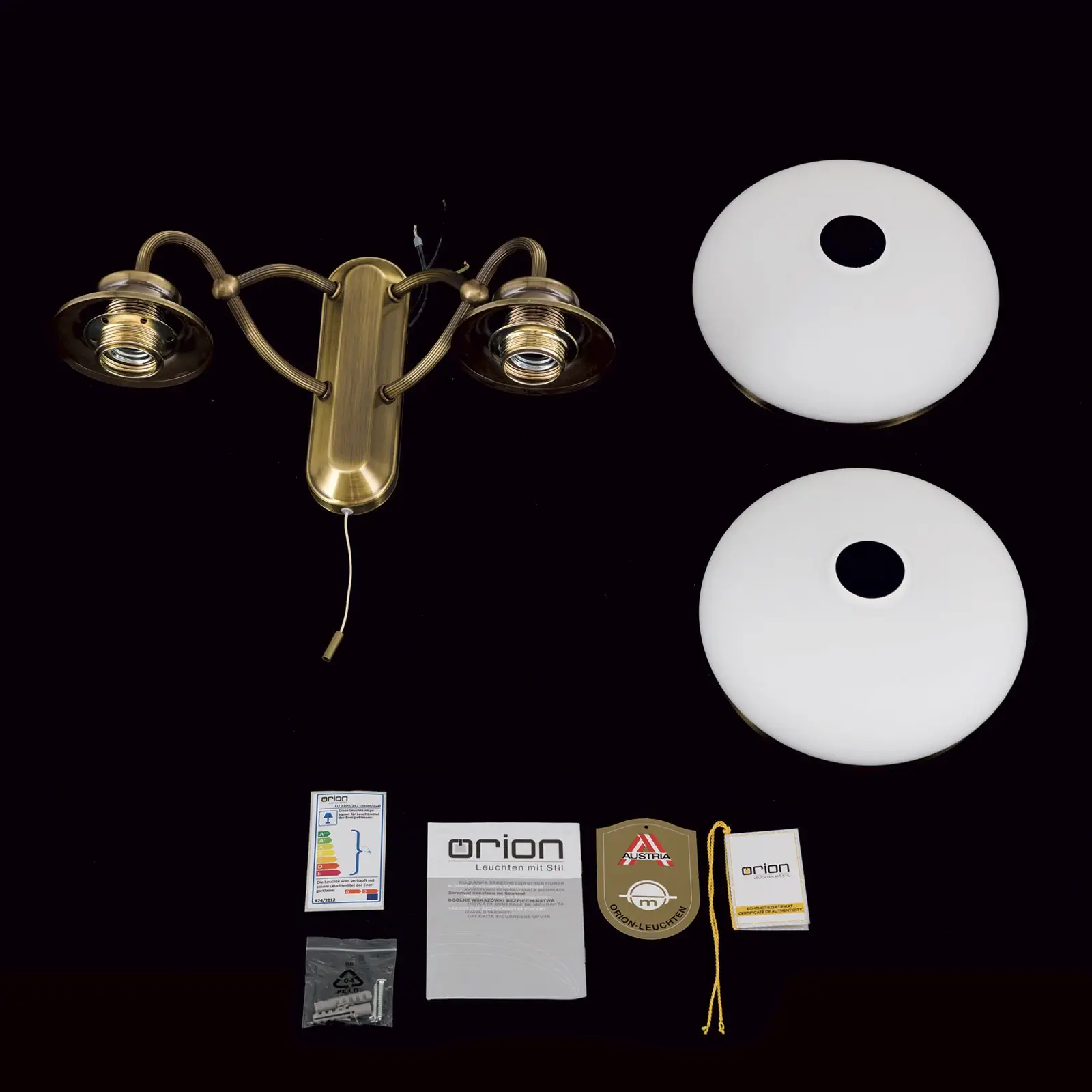 Zidna lampa LANDHAUS, sa dva izvora svetla, antik mesing, sa belim opal staklima - 8