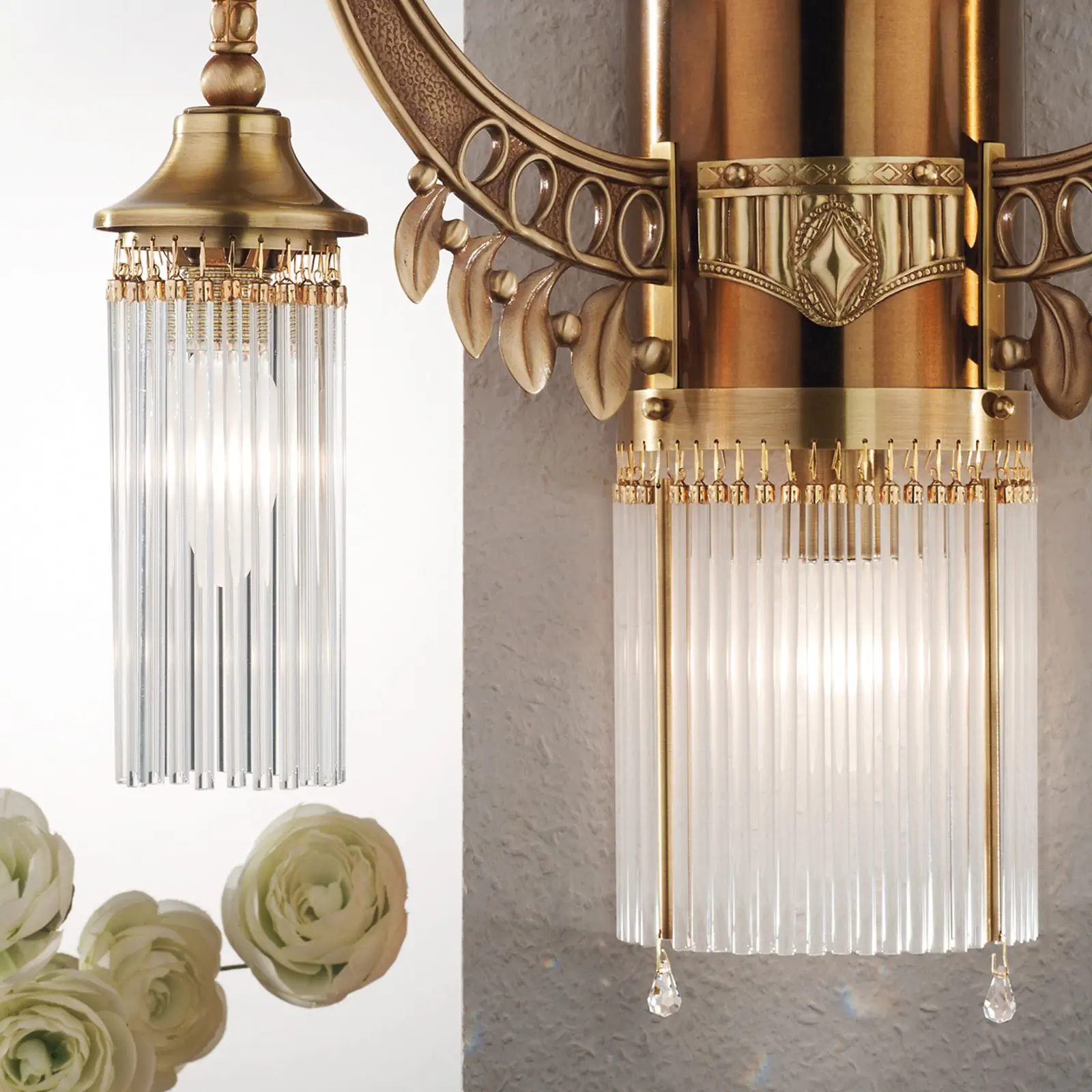 Zidna lampa ADELE, sa tri izvora svetla, stari mesing, sa staklenim štapićima - 2