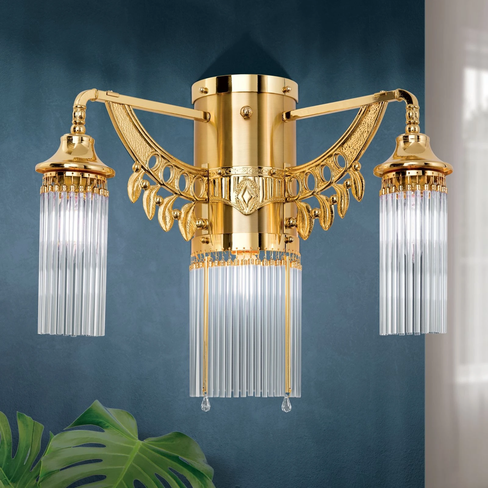 Zidna lampa ADELE, 3 izvora svetla, 24-karatno pozlaćena, sa štapićima od kristalnog stakla