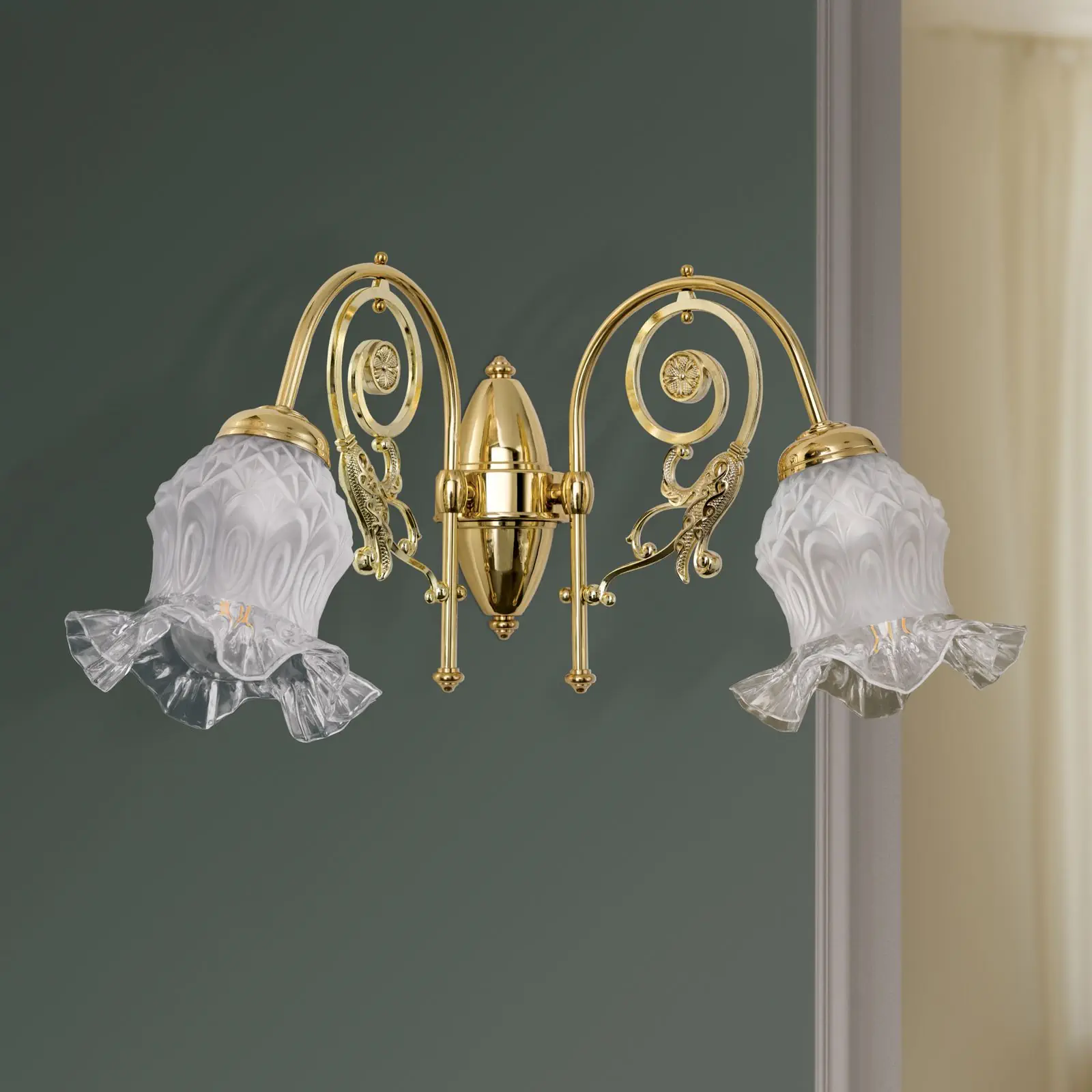 Dupla zidna lampa RINGSTRASSE, sjajna mesingana završna obrada sa dekorativnim staklom - 3