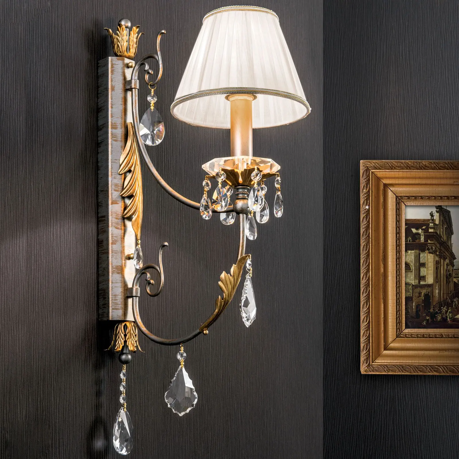 Zidna lampa MIRAMARE, sa jednim izvorom svetla, srebrno-zlatna, sa belim organza abažur - 1