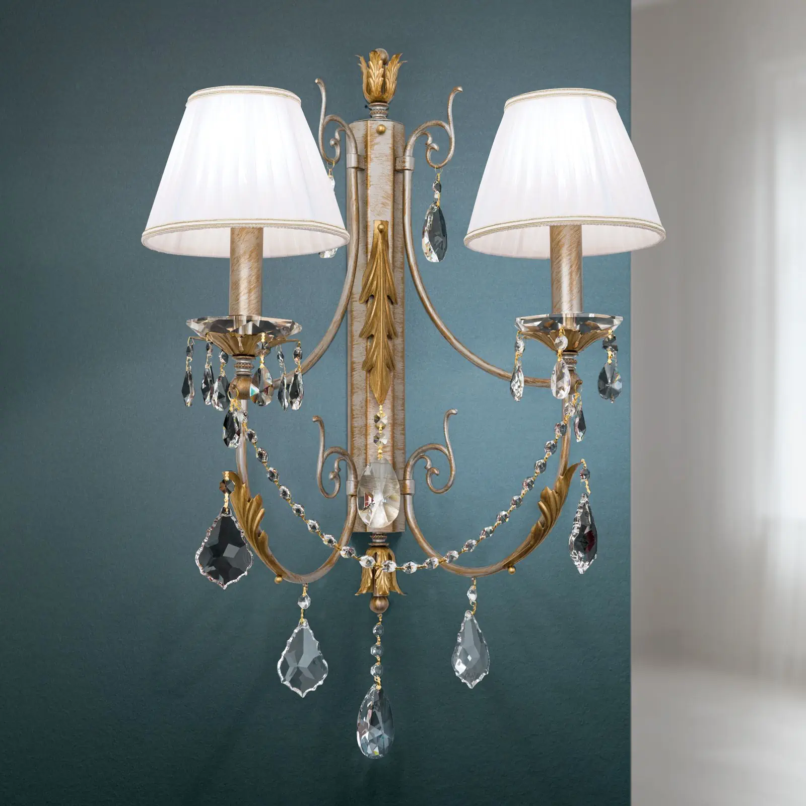 Zidna lampa MIRAMARE, srebrno-zlatna završna obrada, sa dva izvora svetla, sa belim organza abažurima - 2