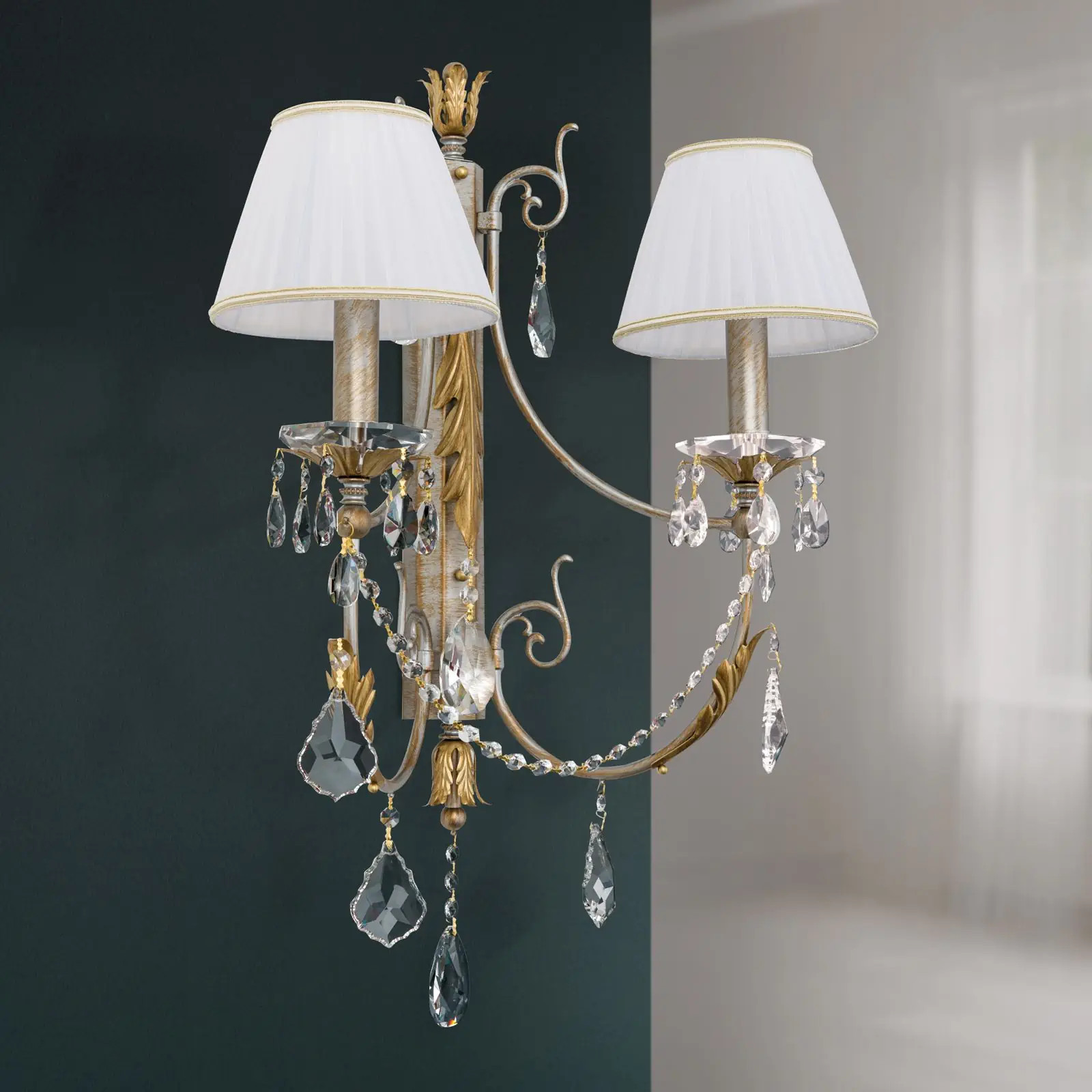 Zidna lampa MIRAMARE, srebrno-zlatna završna obrada, sa dva izvora svetla, sa belim organza abažurima - 3