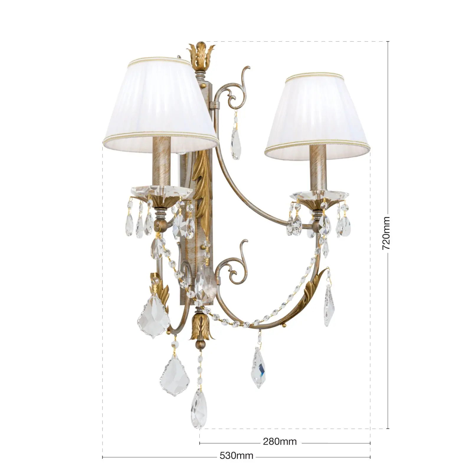 Zidna lampa MIRAMARE, srebrno-zlatna završna obrada, sa dva izvora svetla, sa belim organza abažurima - 7