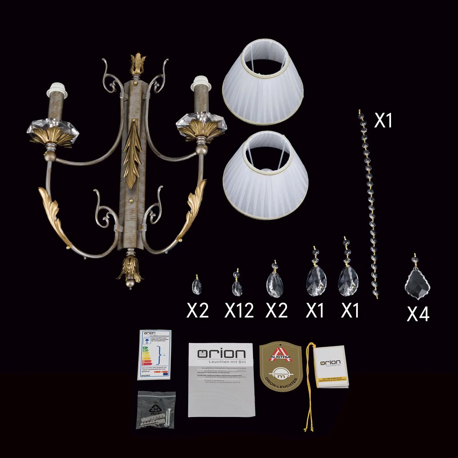 Zidna lampa MIRAMARE, srebrno-zlatna završna obrada, sa dva izvora svetla, sa belim organza abažurima - 8