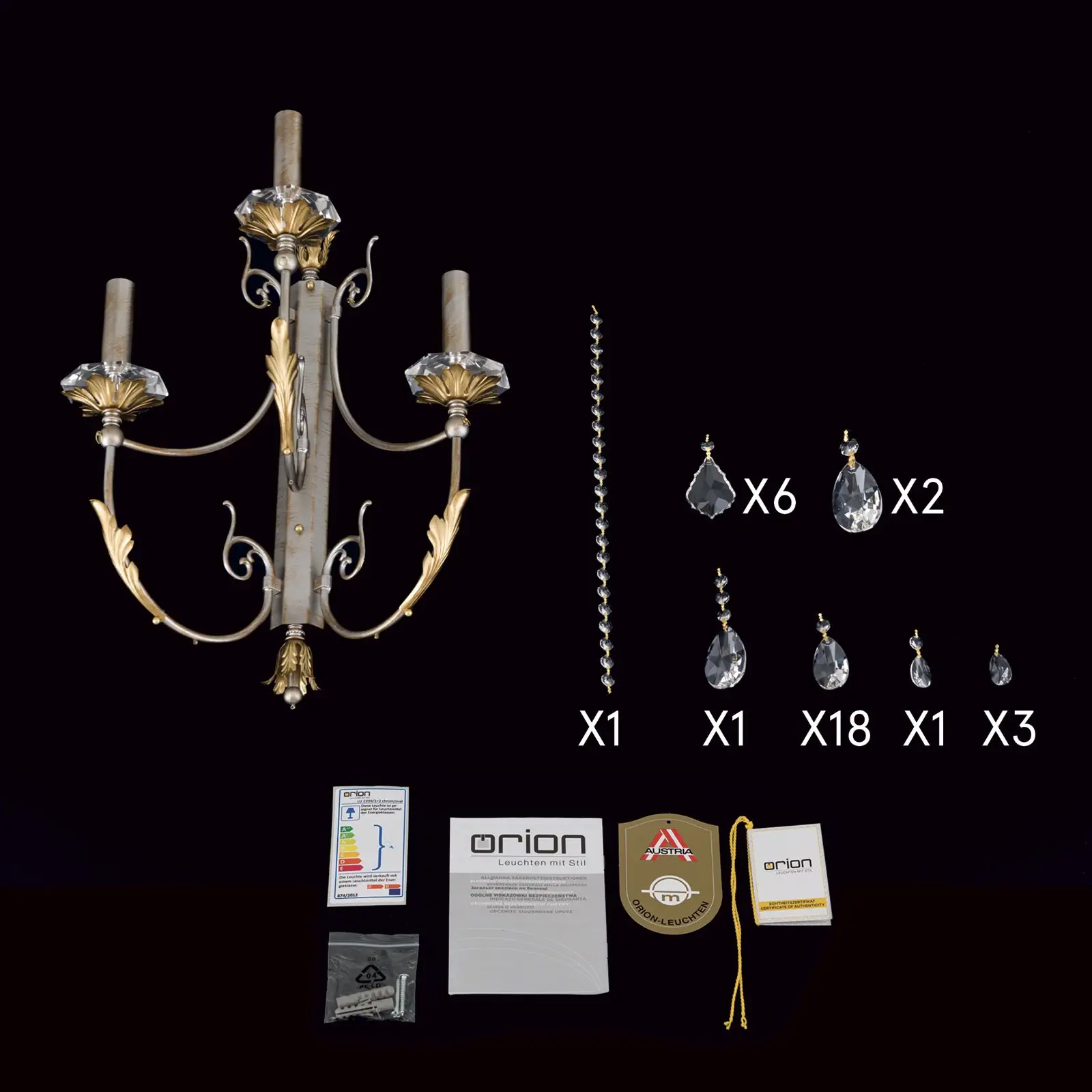 Zidna lampa MIRAMARE, srebrno-zlatna završna obrada, sa tri izvora svetla, bez abažura - 8