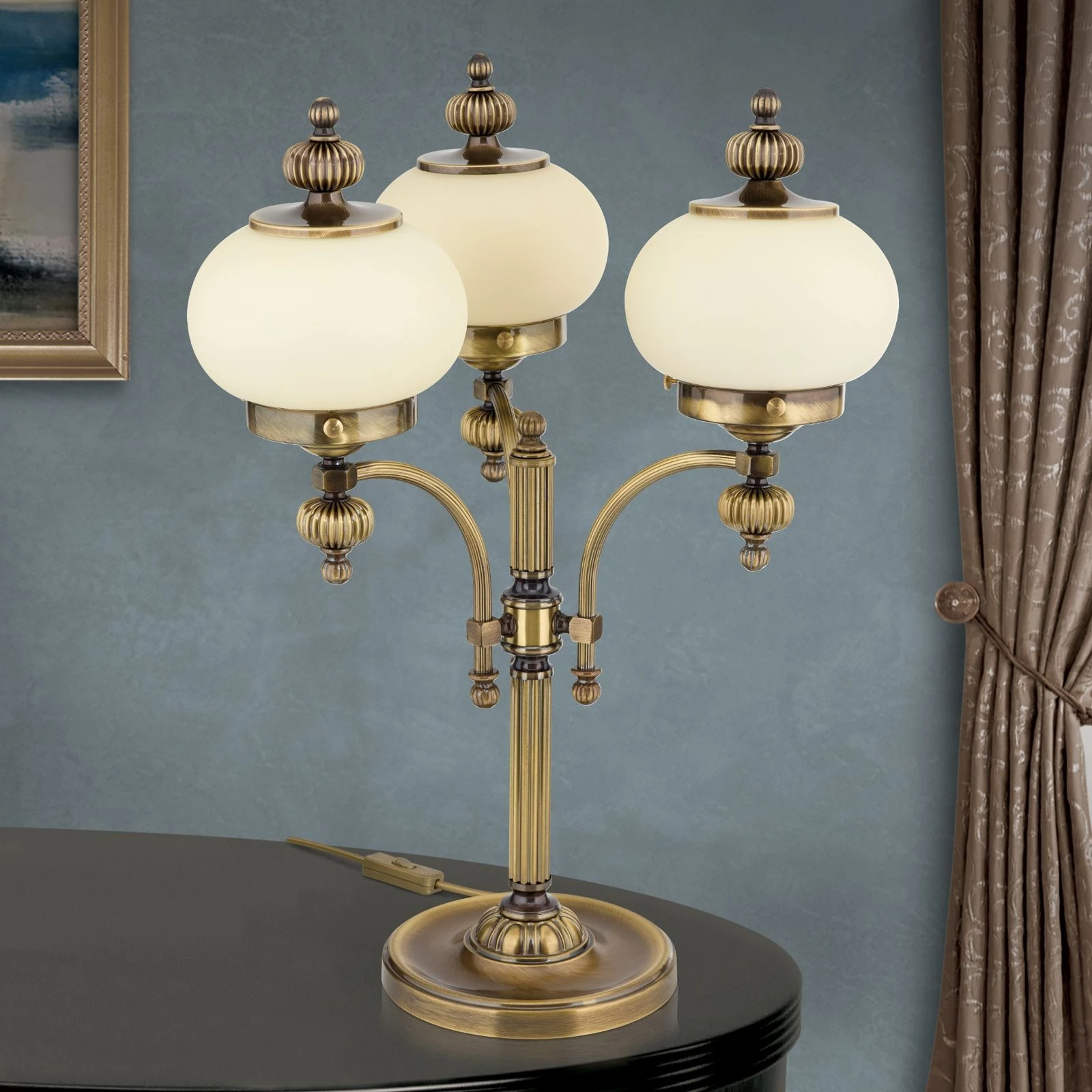 Stona lampa WIENER NOSTALGIE, 3 izvora svetla, antik mesing, šampanj staklo - 3