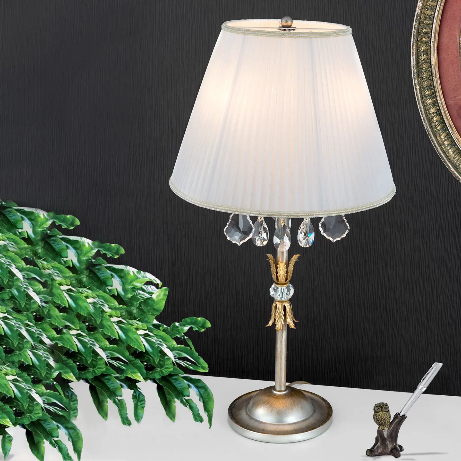 Stona lampa MIRAMARE, srebrno-zlatna, 3 izvora svetla, sa belim abažurima - 5