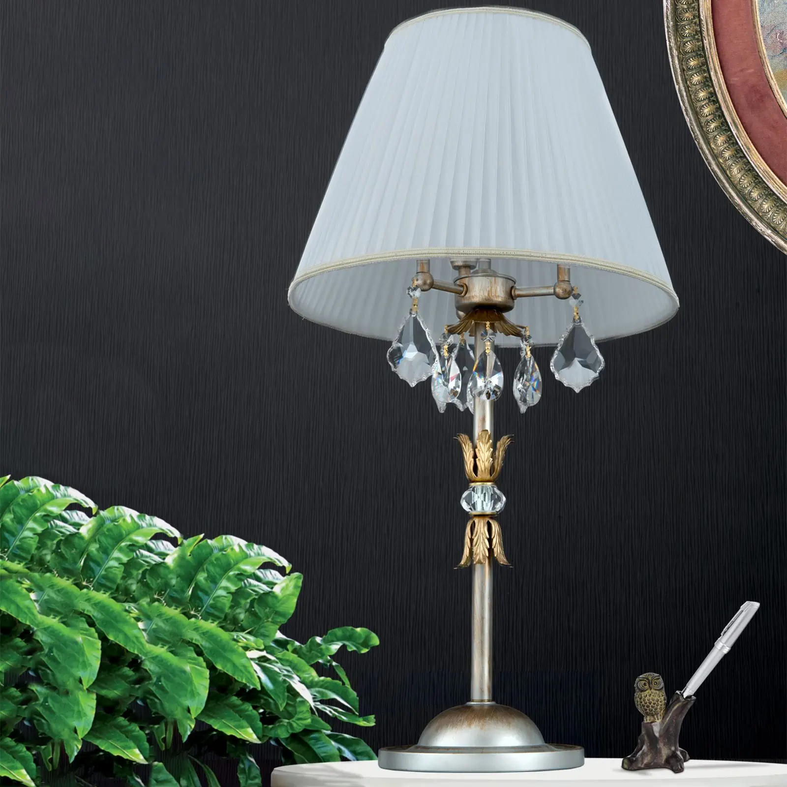 Stona lampa MIRAMARE, srebrno-zlatna, 3 izvora svetla, sa belim abažurima - 6