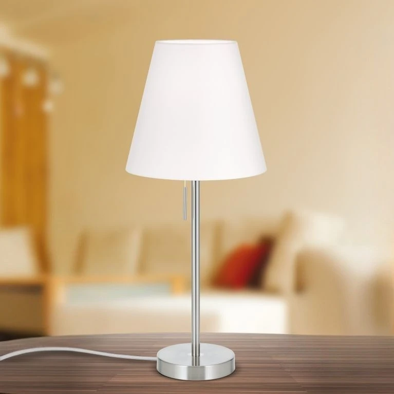 Stona lampa SHADE, mala, saten hrom, konusni beli abažur - 1