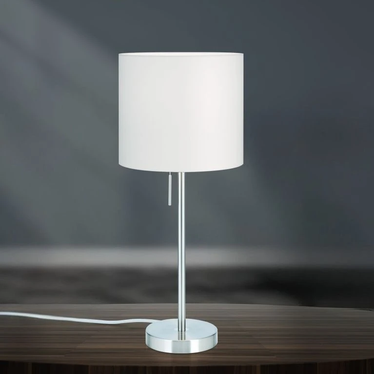 Stona lampa SHADE, mala, saten hrom, cilindrični beli abažur - 1