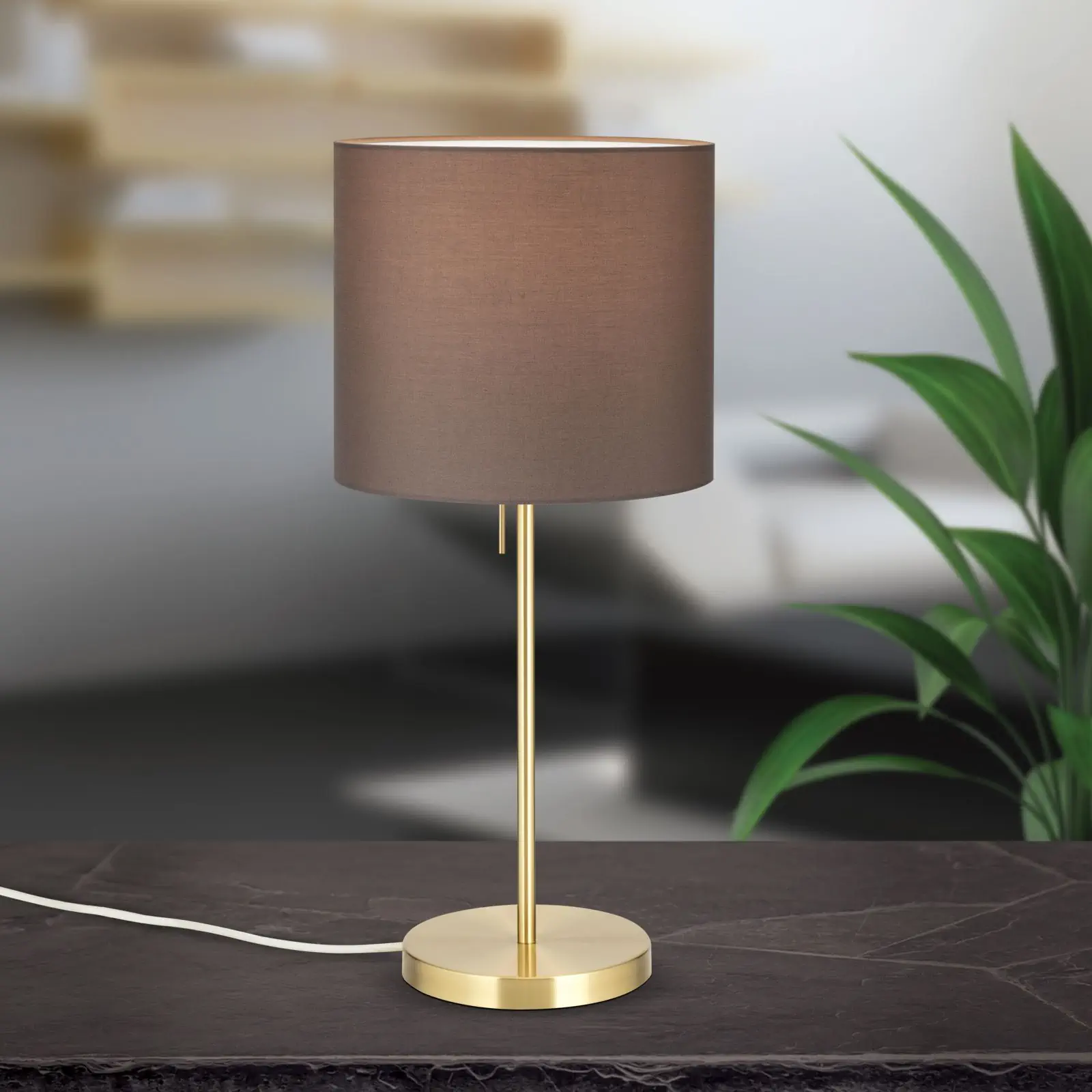 Stona lampa SHADE, srednja, mat mesing, sa cilindričnim, braon abažurom - 1