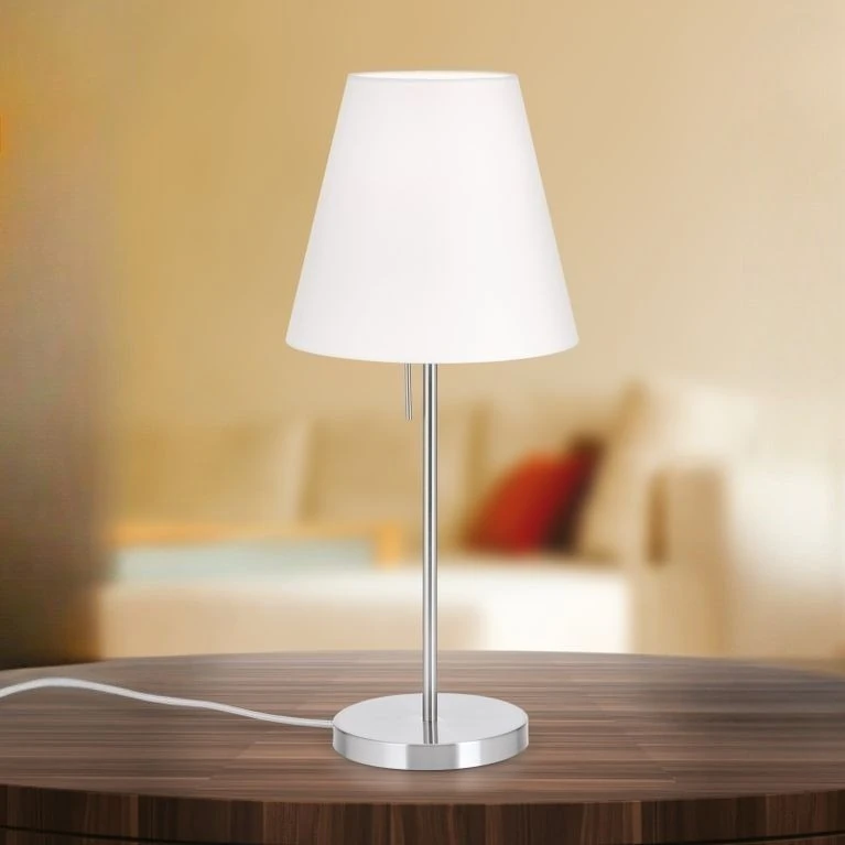 Stona lampa SHADE, srednja, saten hrom, konusni beli abažur - 1