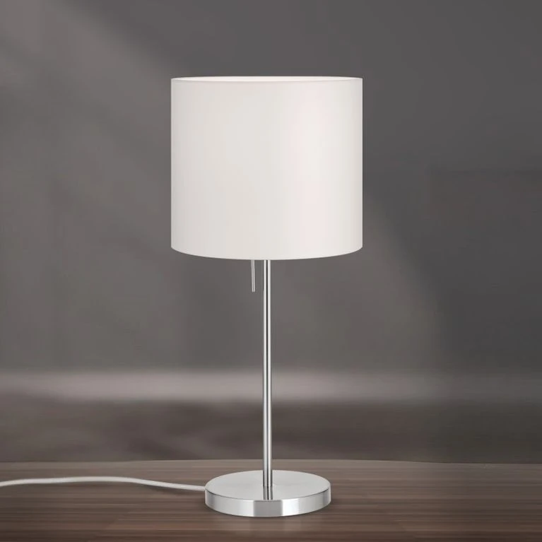 Stona lampa SHADE, srednja, saten hrom, cilindrični beli abažur - 1