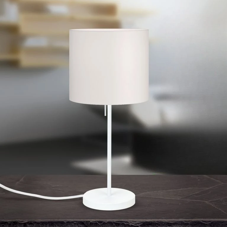 Stona lampa SHADE, srednja, bela, cilindrični beli abažur - 1