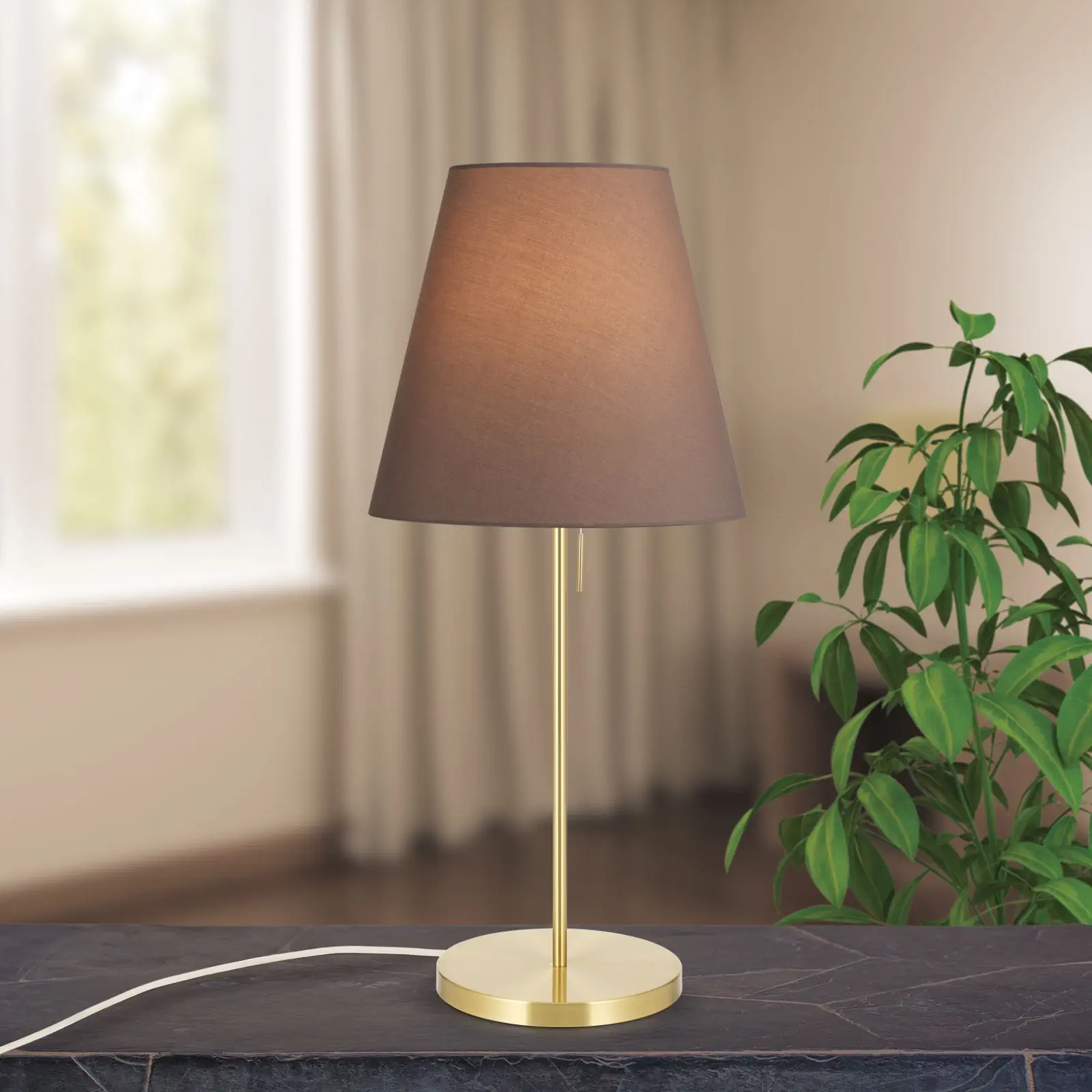 Stona lampa SHADE, velika, mat mesing, sa koničnim, braon abažurom - 1