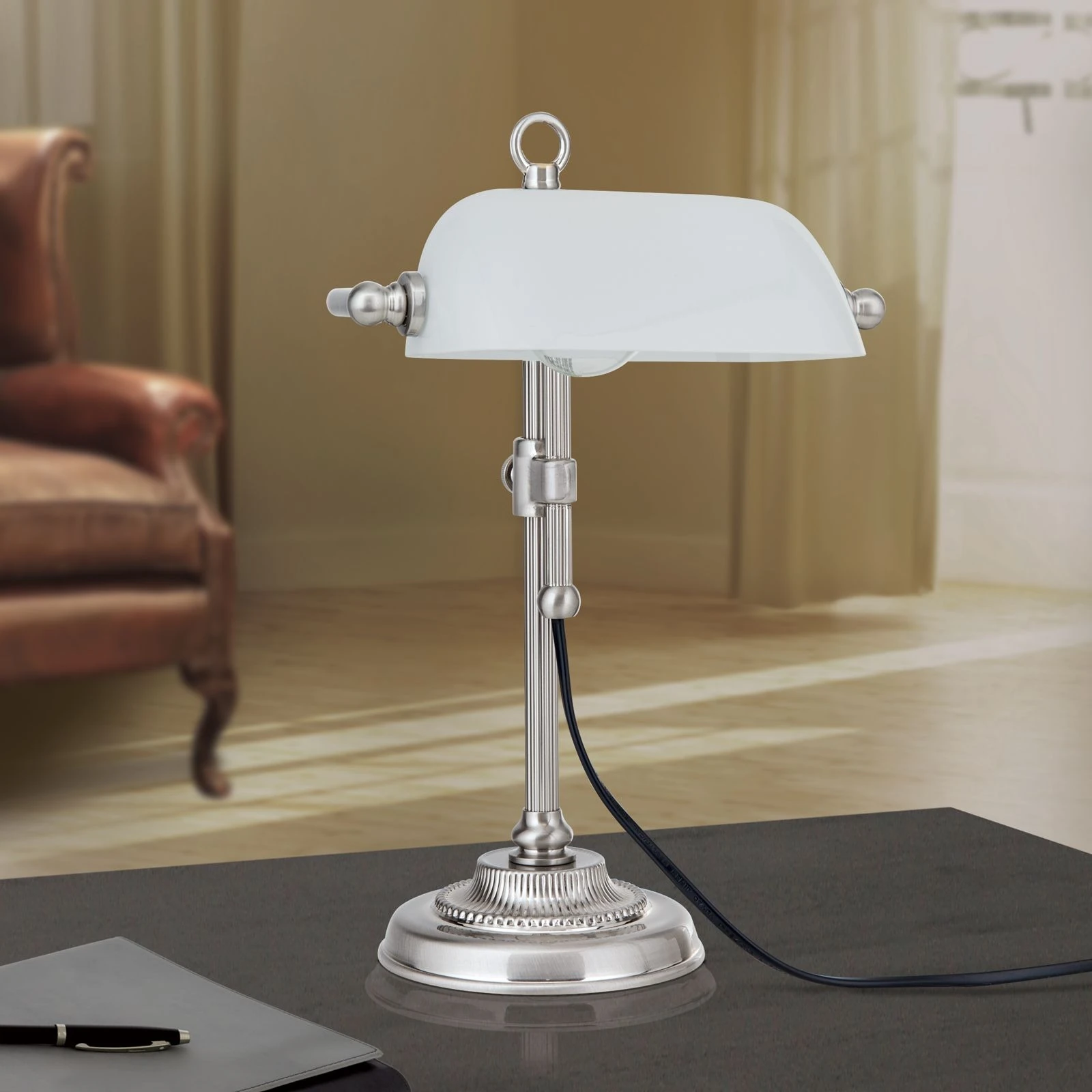 Stona lampa HARVARD, satin hrom, opalno belo staklo, visina 32 cm - 3