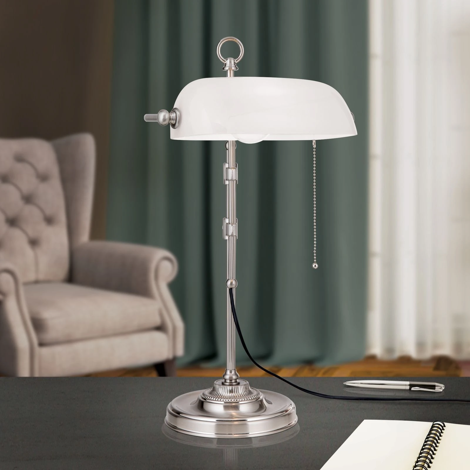 Bankarska lampa HARVARD, satin hrom, opalno belo staklo, visina 53 cm - 2