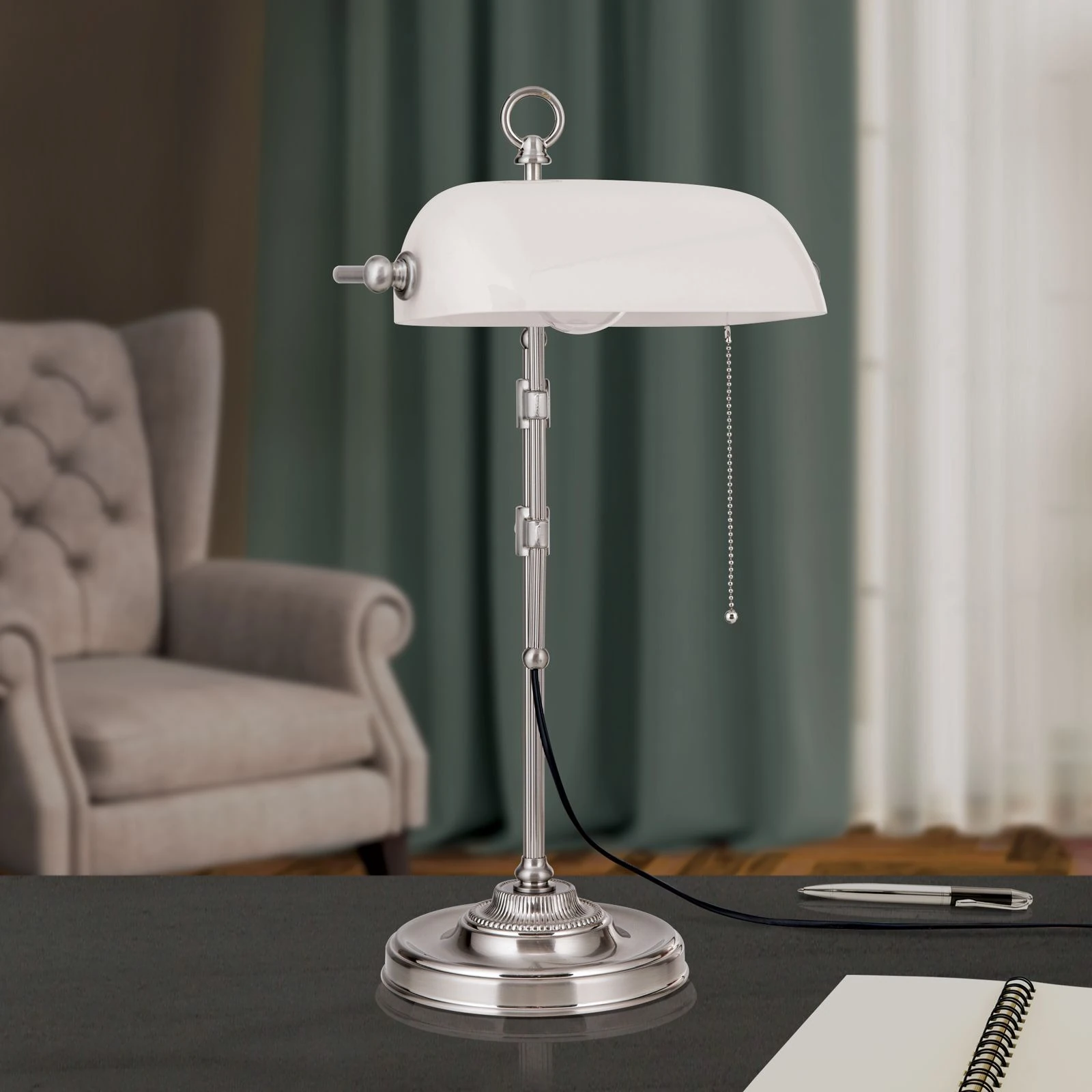 Bankarska lampa HARVARD, satin hrom, opalno belo staklo, visina 53 cm - 3