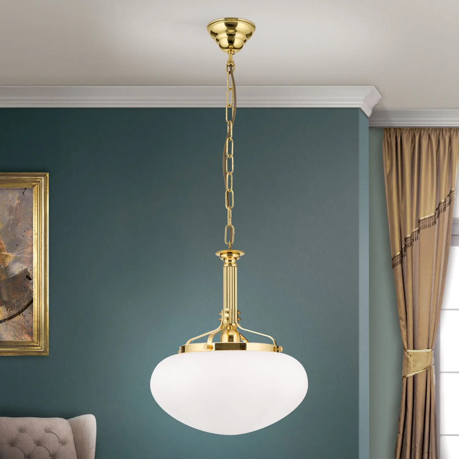 Viseća lampa WIENER NOSTALGIE, sjajni mesing, sa opal mat staklom, 33cm - 1