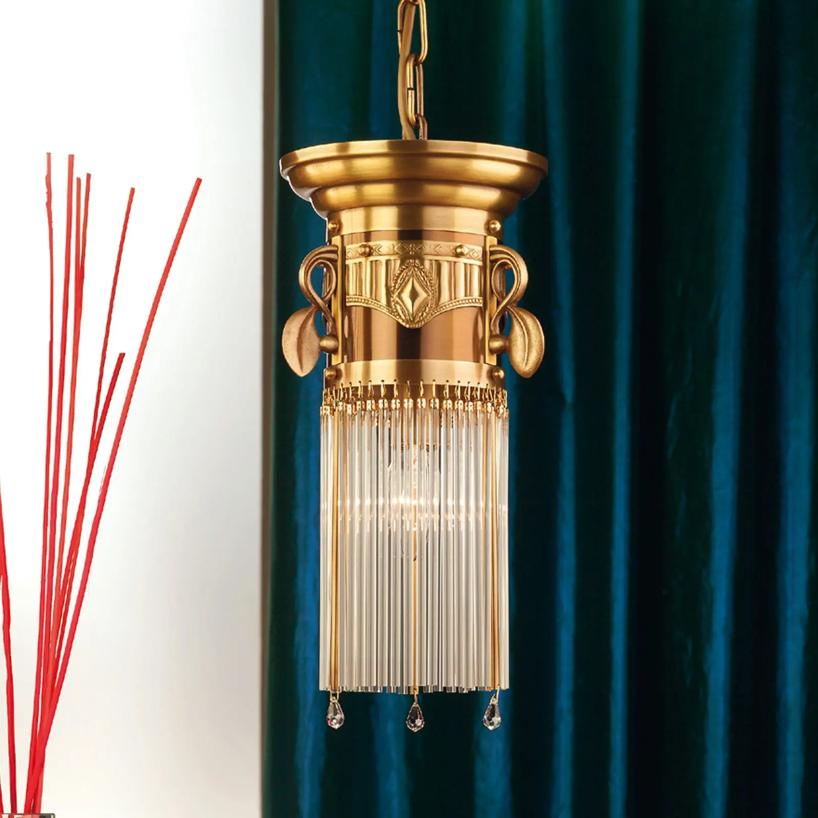 Viseća lampa ADELE, staromesing, sa staklenim štapićima, 17cm - 2