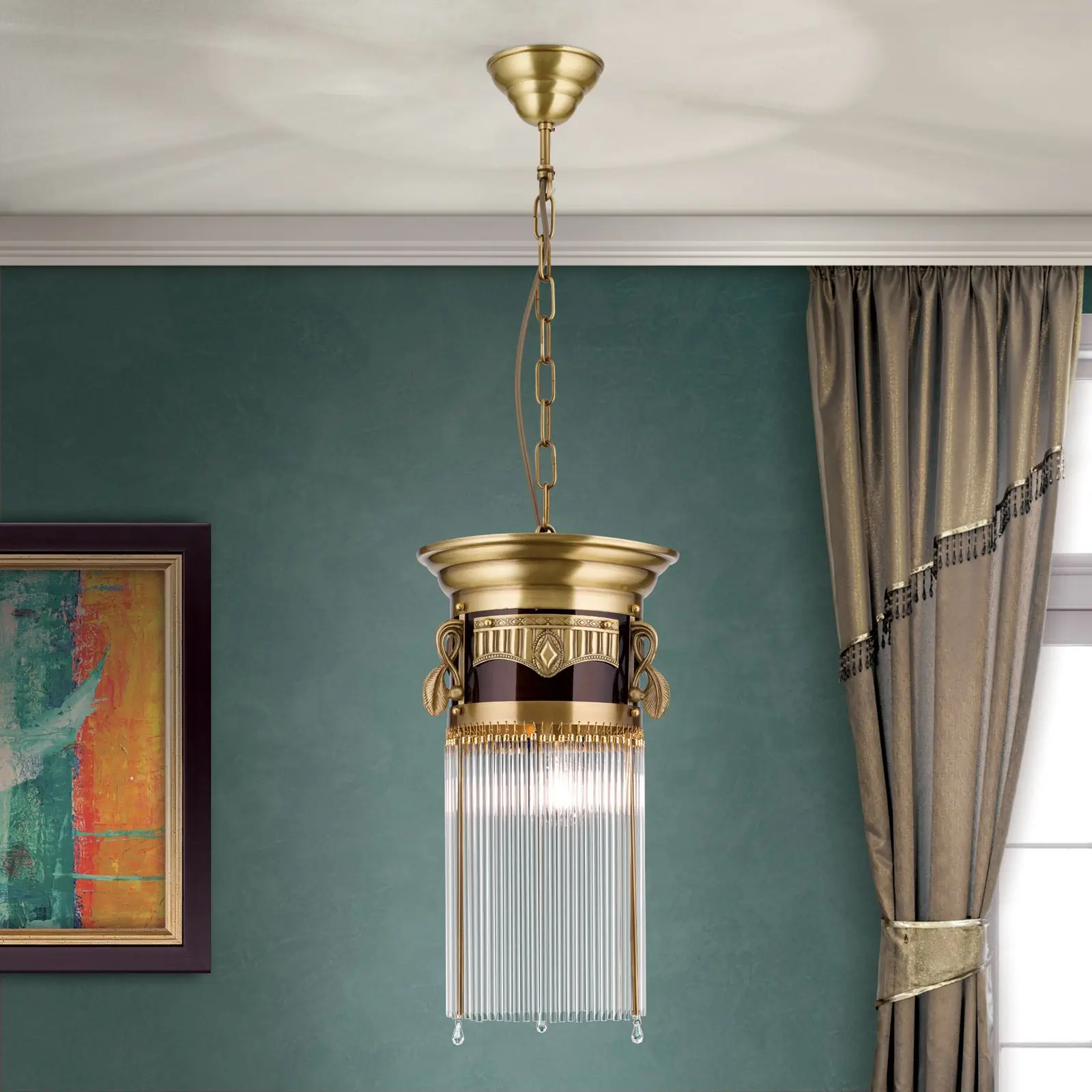 Viseća lampa ADELE, antik mesing, sa staklenim štapićima, 26cm - 1