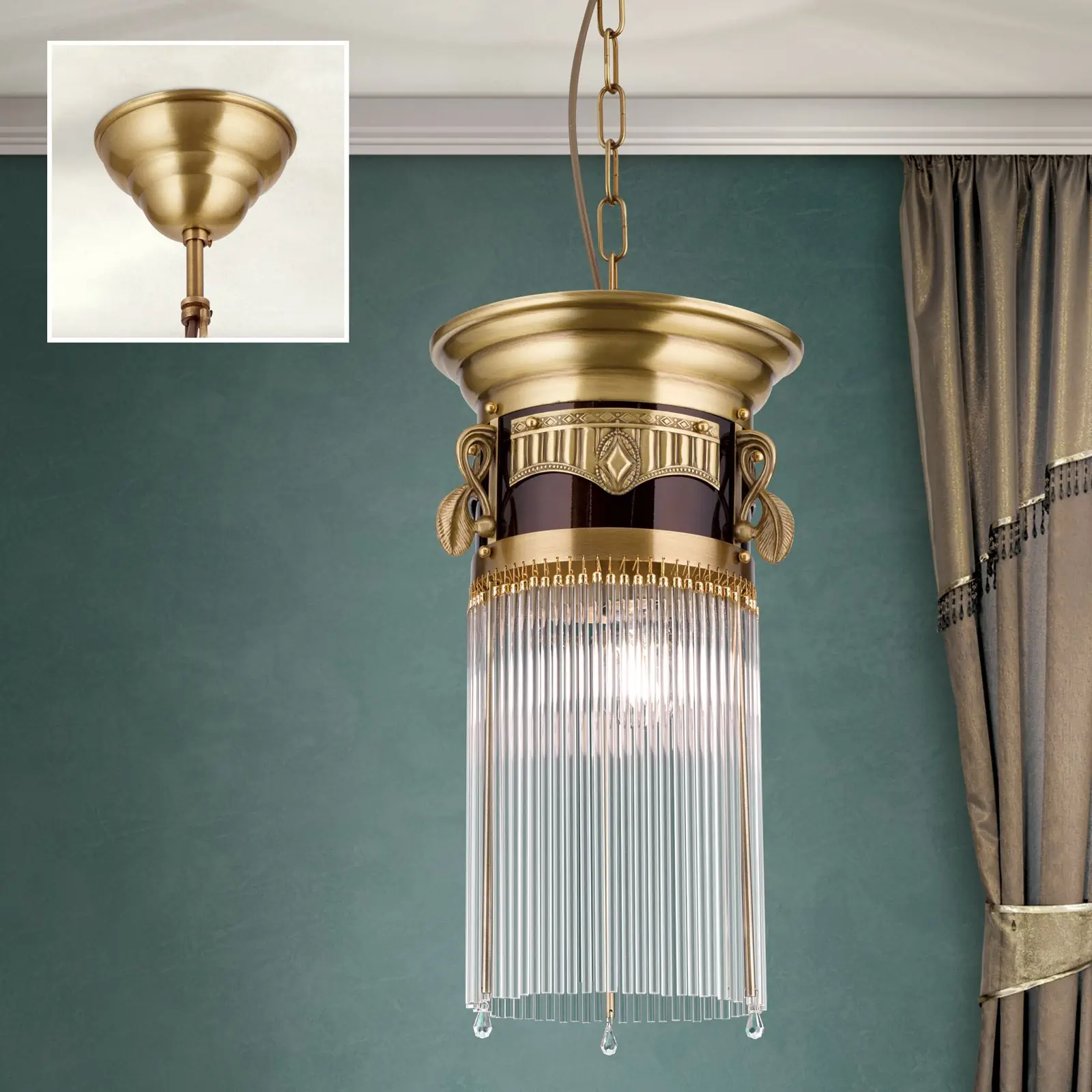 Viseća lampa ADELE, antik mesing, sa staklenim štapićima, 26cm - 2