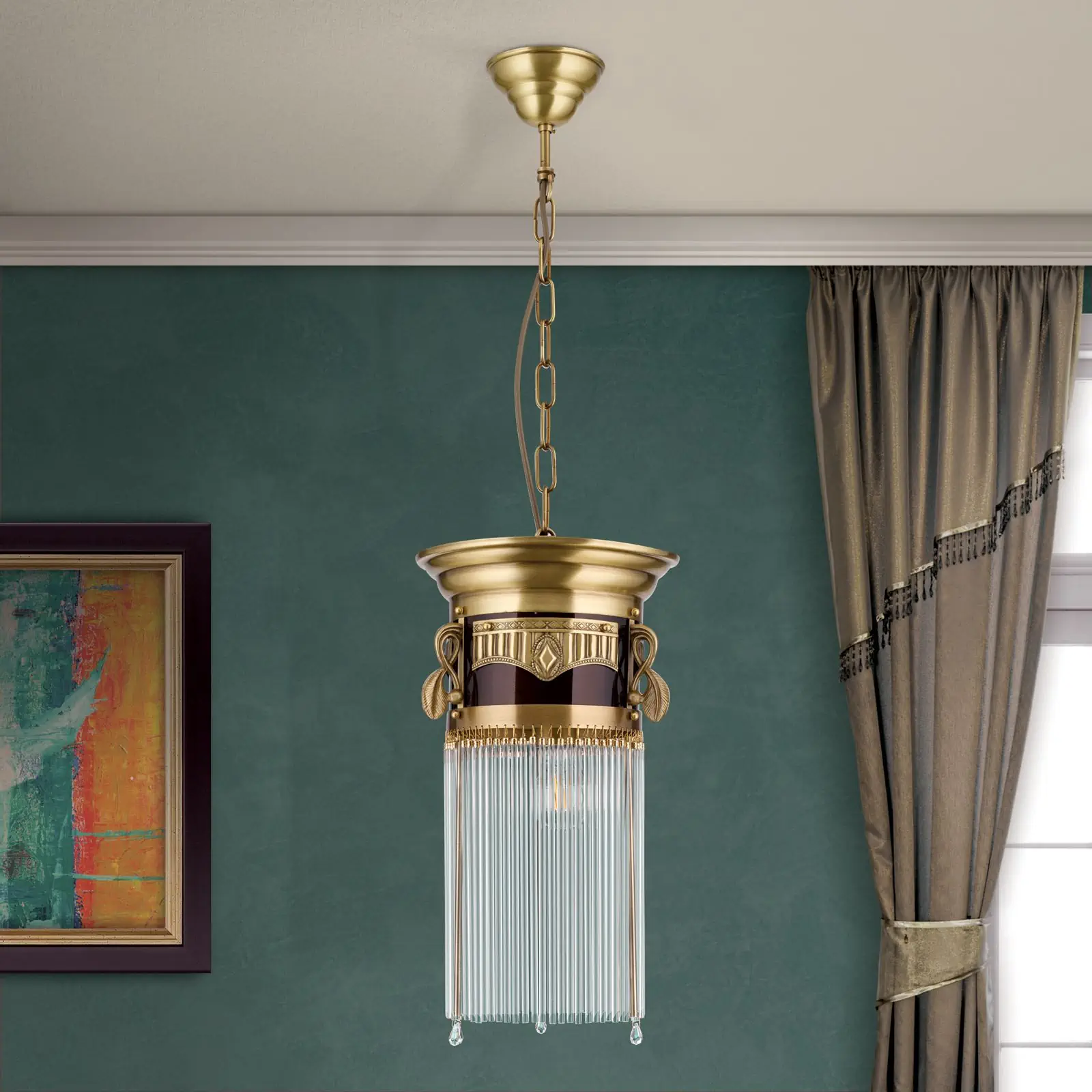 Viseća lampa ADELE, antik mesing, sa staklenim štapićima, 26cm - 3