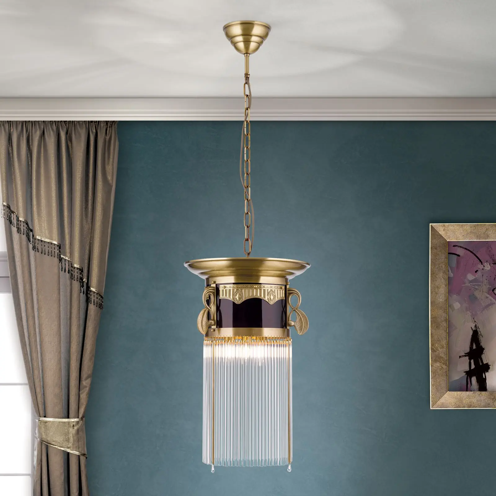 Viseća lampa ADELE, antik mesing, sa kristalnim staklenim štapićima, 37cm - 1