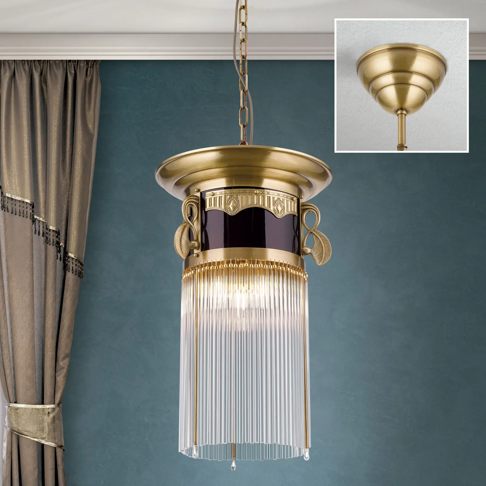 Viseća lampa ADELE, antik mesing, sa kristalnim staklenim štapićima, 37cm - 2