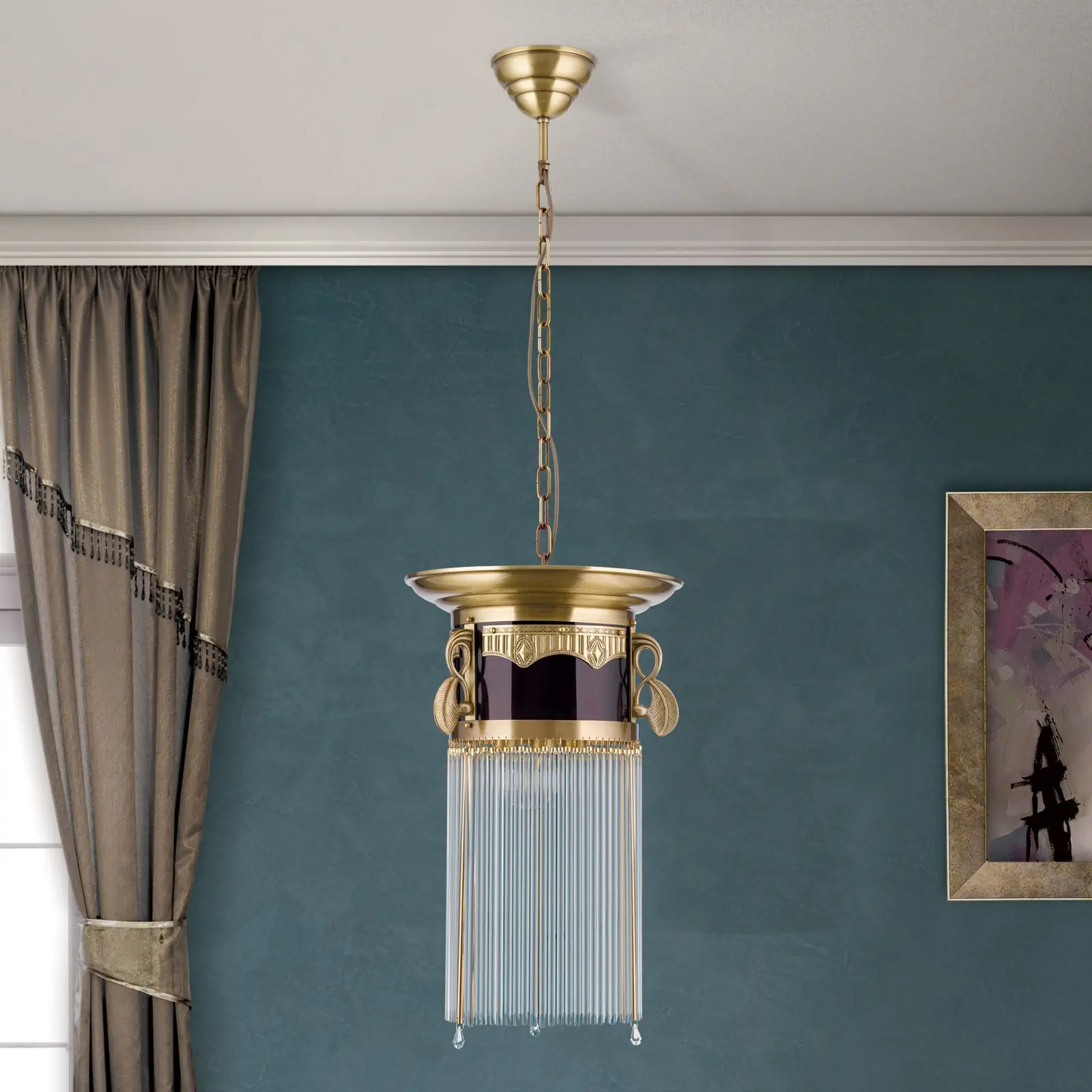 Viseća lampa ADELE, antik mesing, sa kristalnim staklenim štapićima, 37cm - 3