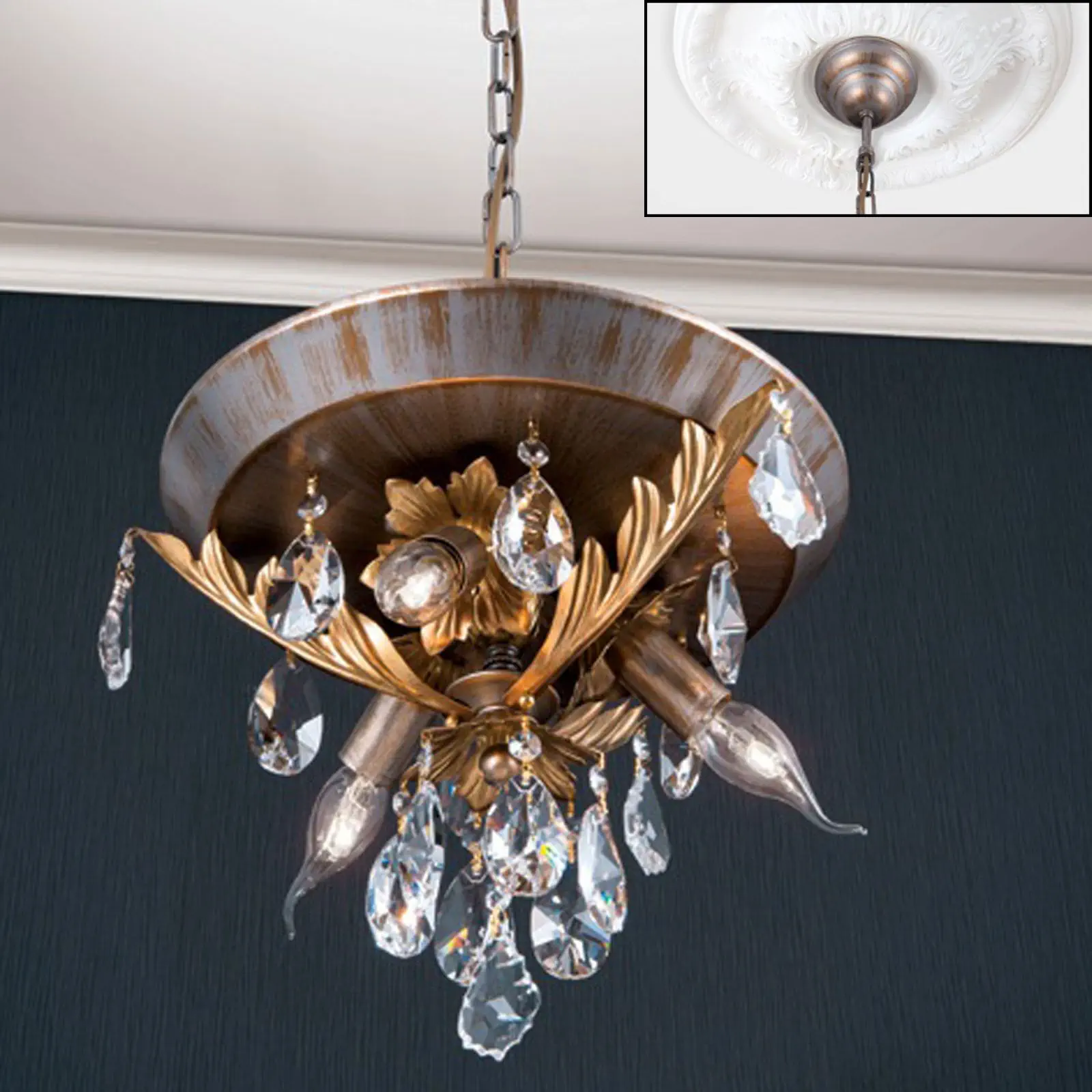 Viseća lampa MIRAMARE, 3 izvora svetla, srebrno-zlatna - 7