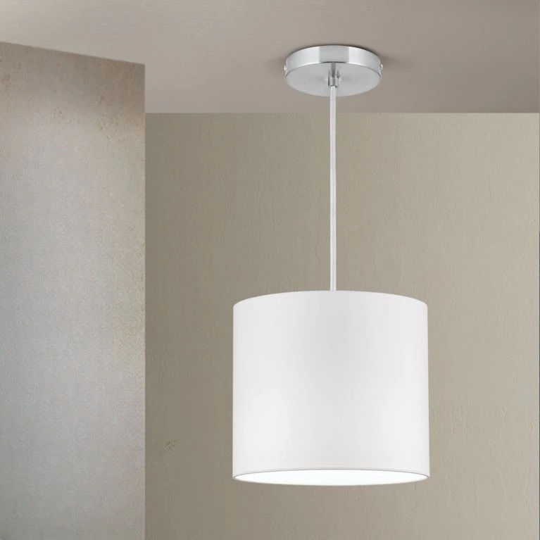 Viseća lampa SHADE, srednja, 1 izvor svetla (E27), satin hrom završna obrada, beli cilindrični abažur