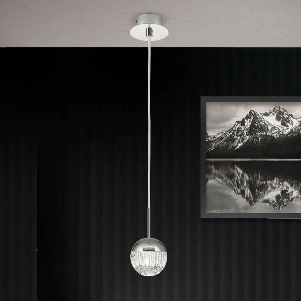 Okrugla viseća lampa BALL, nikal, sa prozirnim kristalnim staklom sa linijskim brušenjem - 1