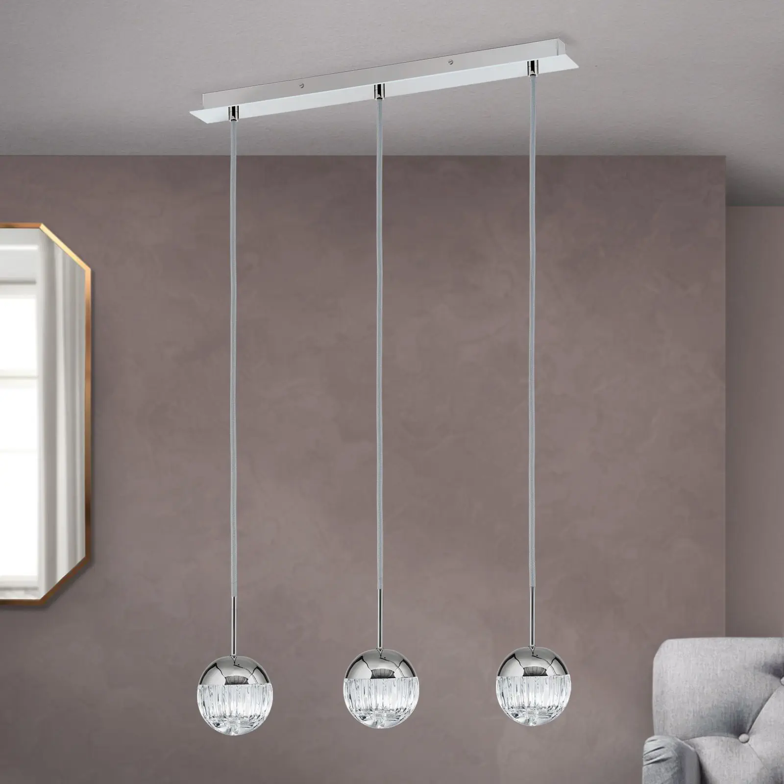 Viseća lampa BALL sa 3 izvora svetla, u nikl završnoj obradi, sa srebrnim tekstilnim kablom i providnim kristalnim staklom sa linearnim rezom