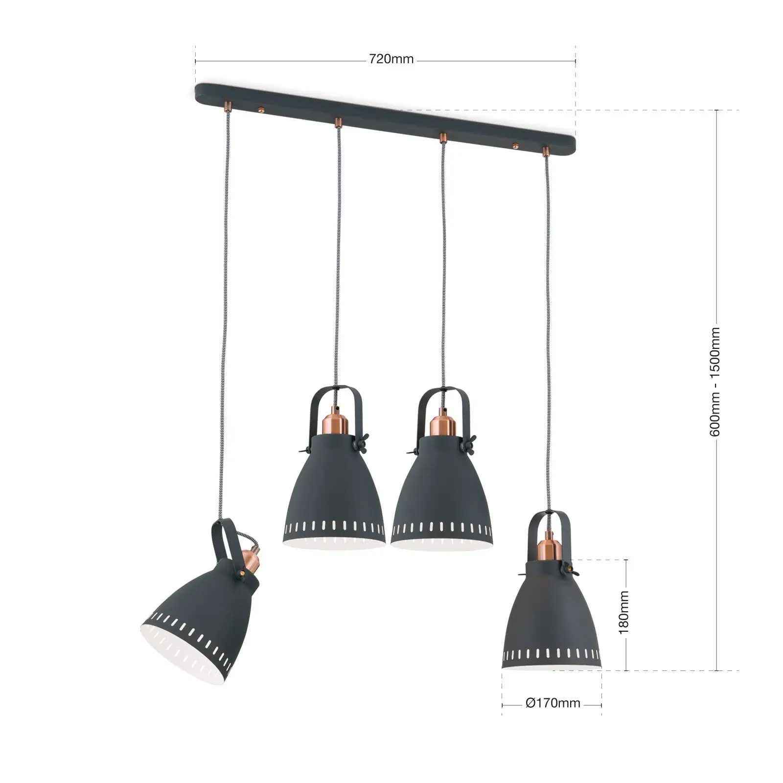 Viseća lampa THEKE, četiri izvora svetla, crno‑bakarna - 8