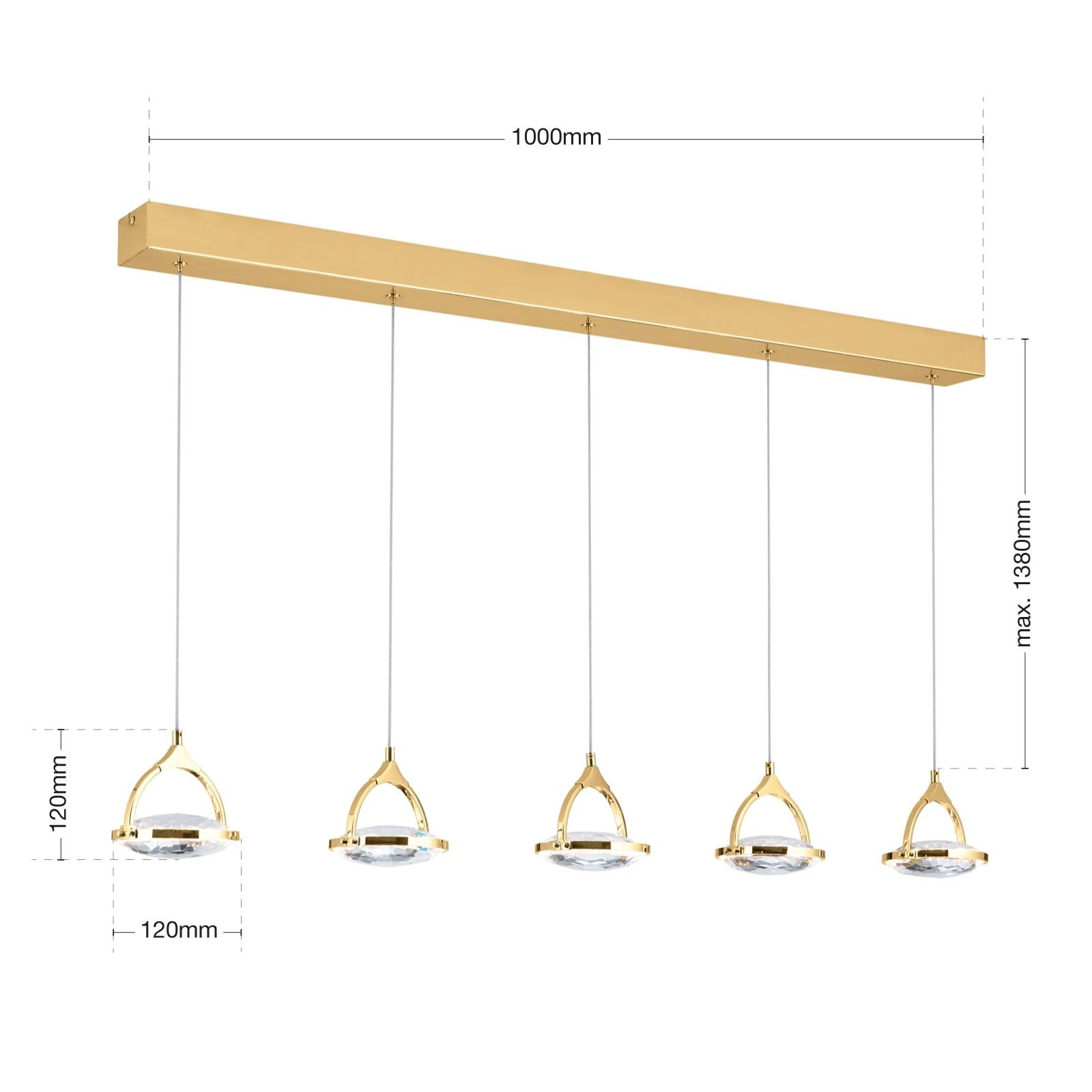 LED viseća lampa MOON, 5 izvora svetla, zlatna - 7